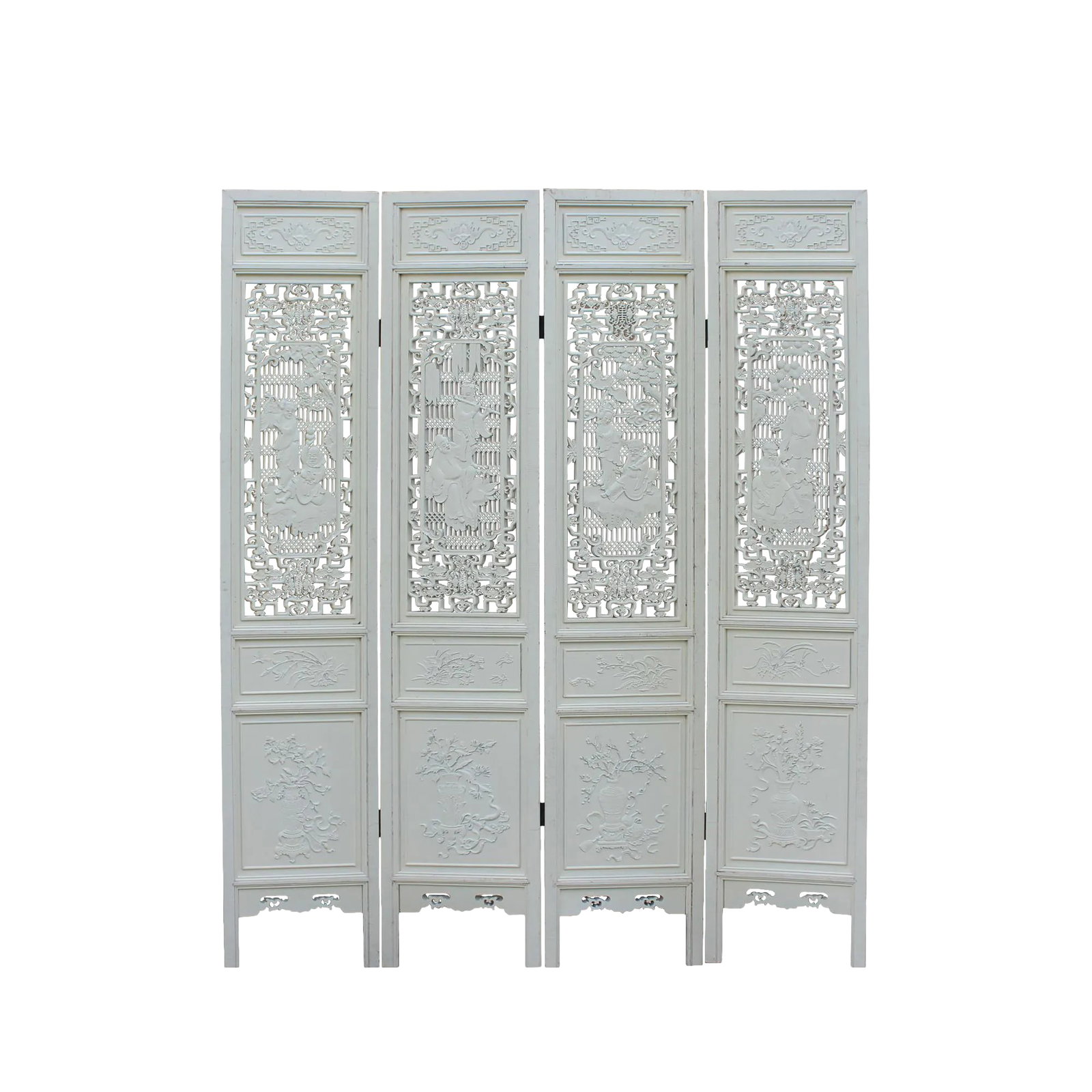 Chinese Distressed Off-White Lacquer 8 Immortal Wood Panel Floor Screen: This is a set of four door panels floor screen room divider with precise traditional Chinese mythical story 8 Immortal carving motif as the central theme. Each panel has flower birds theme surrounded 
