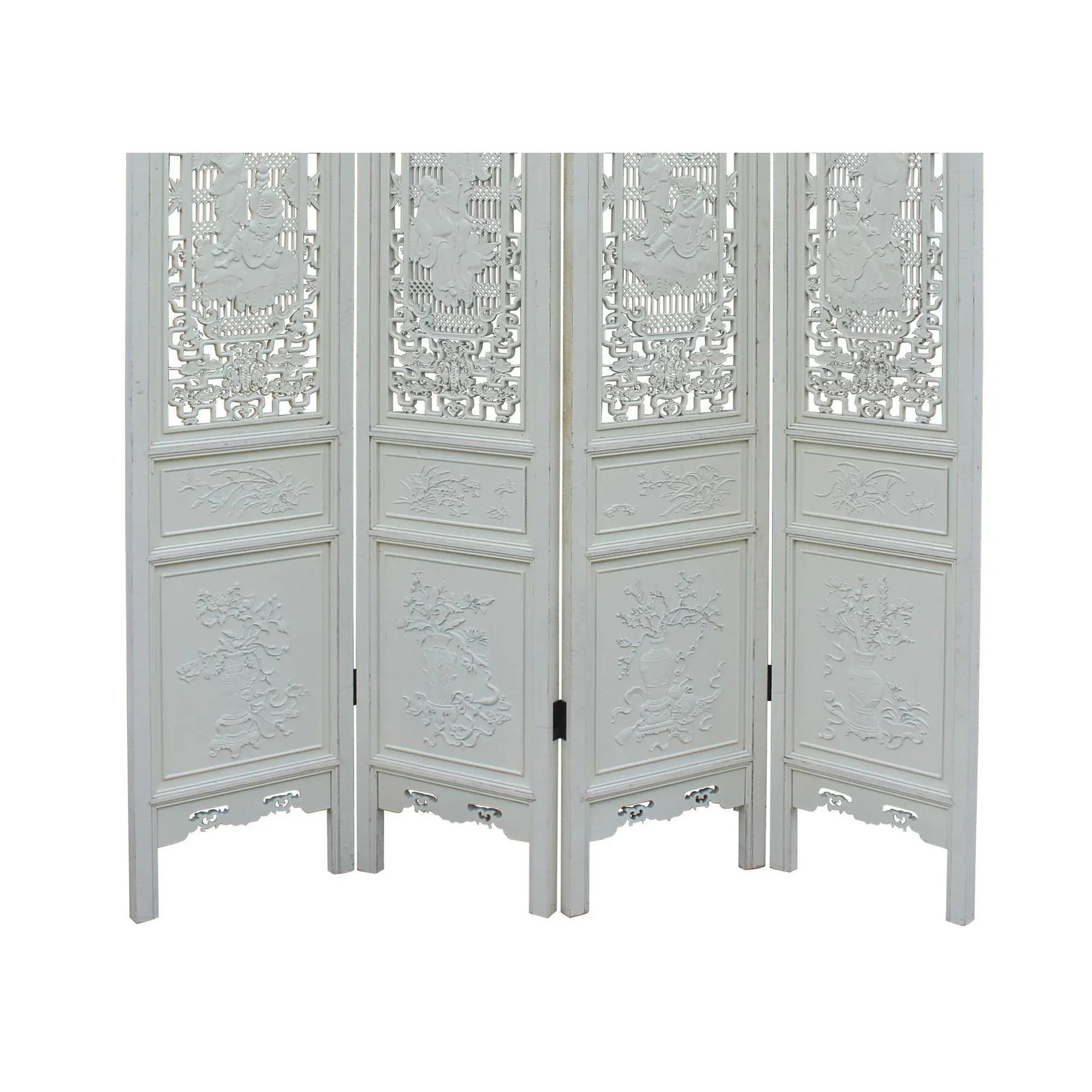 Chinese Distressed Off-White Lacquer 8 Immortal Wood Panel Floor Screen - 3