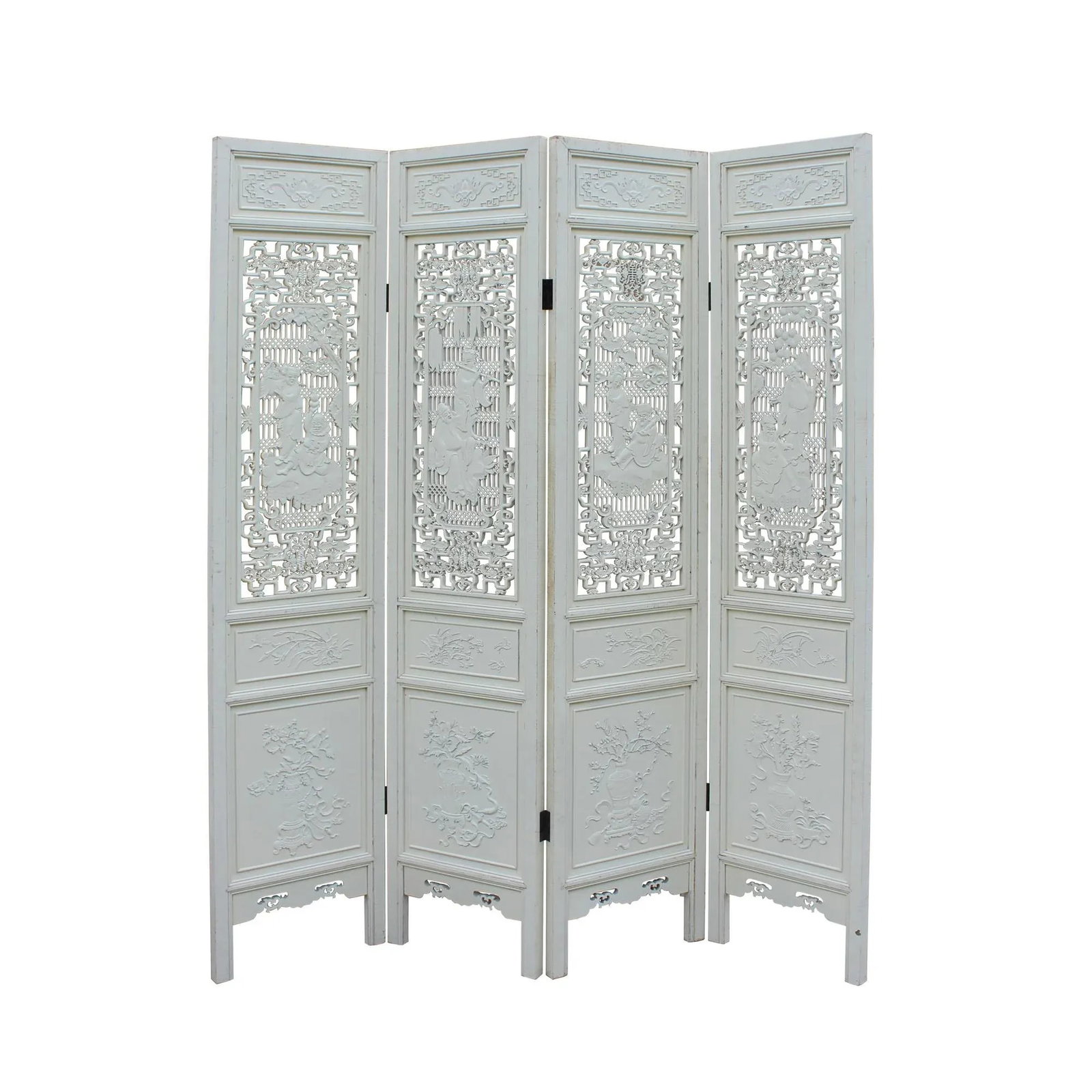 Chinese Distressed Off-White Lacquer 8 Immortal Wood Panel Floor Screen - 4