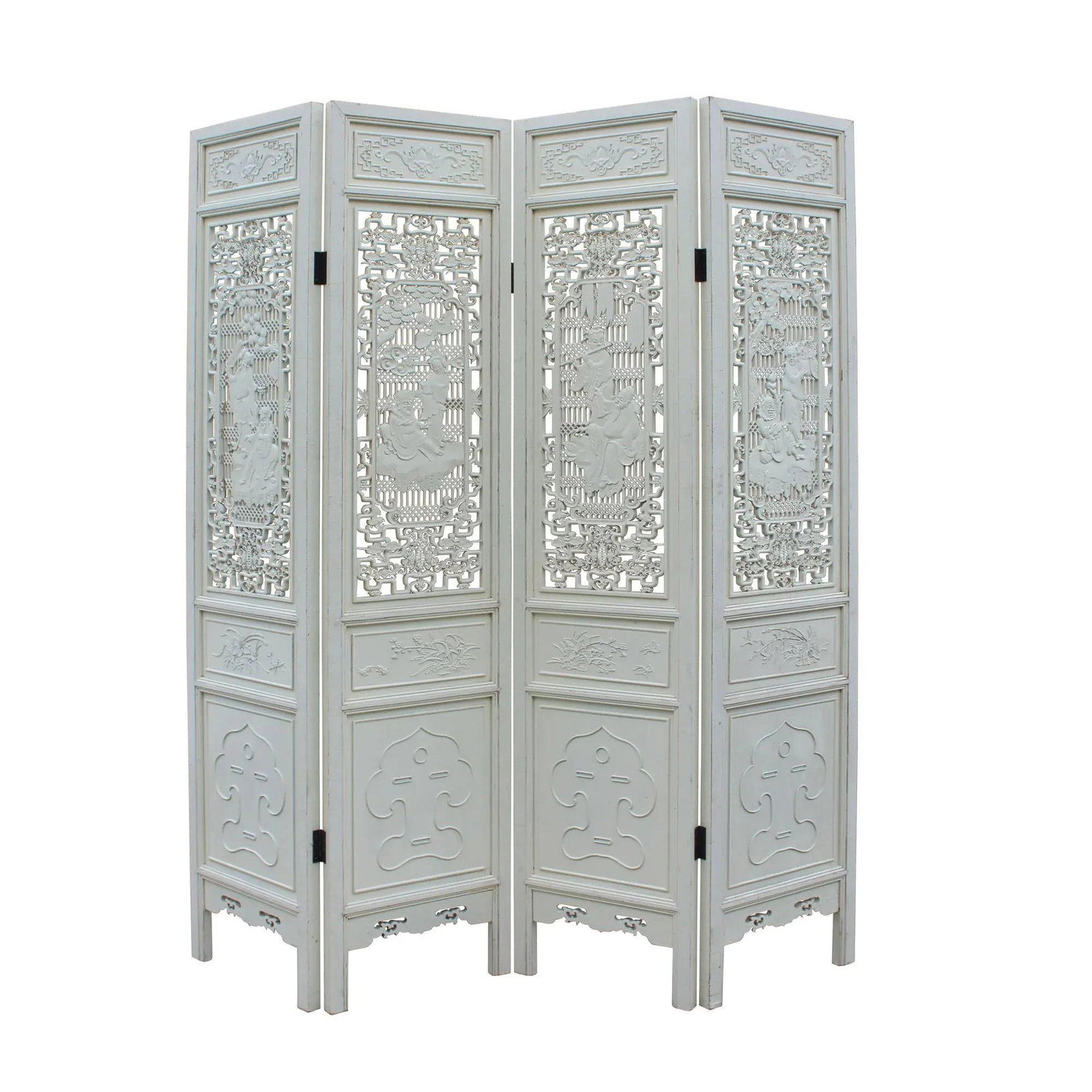 Chinese Distressed Off-White Lacquer 8 Immortal Wood Panel Floor Screen - 5