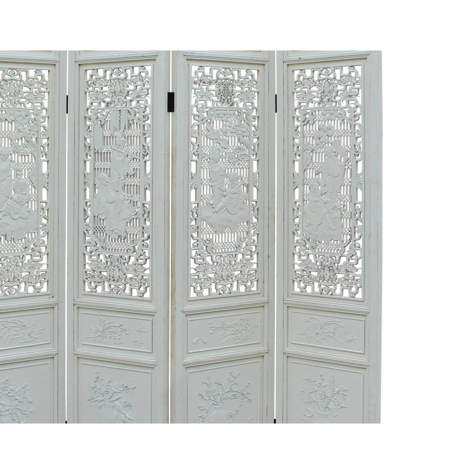 Chinese Distressed Off-White Lacquer 8 Immortal Wood Panel Floor Screen - 6