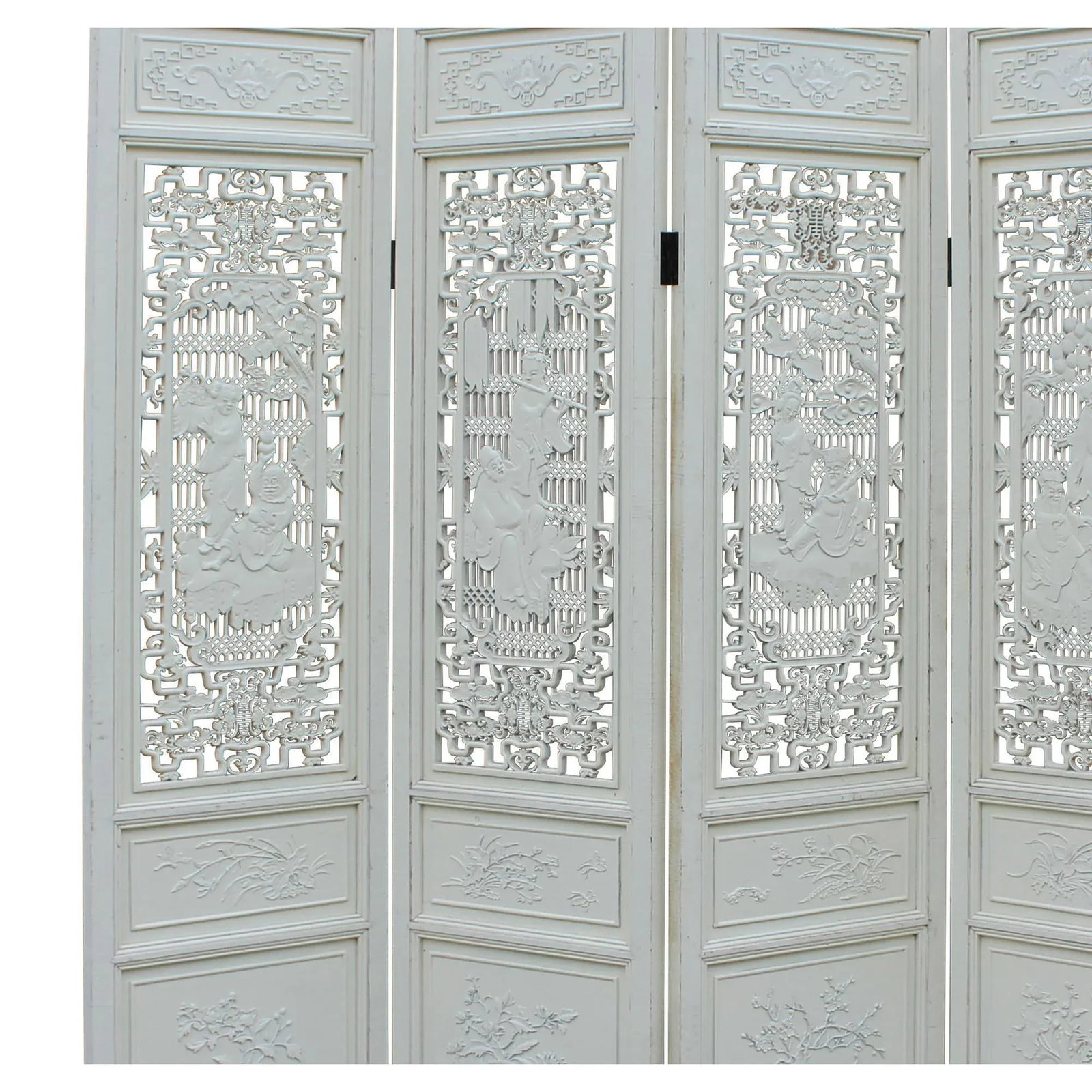 Chinese Distressed Off-White Lacquer 8 Immortal Wood Panel Floor Screen - 7
