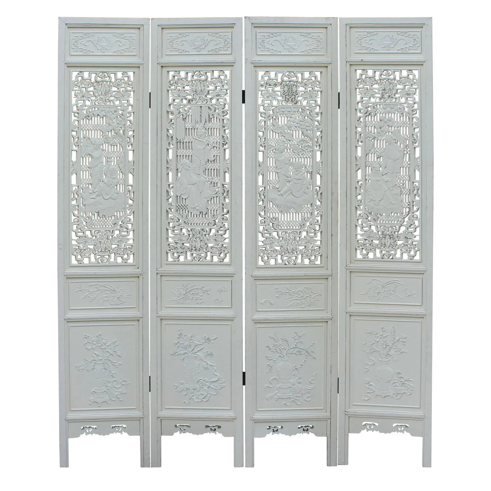 Chinese Distressed Off-White Lacquer 8 Immortal Wood Panel Floor Screen - 8