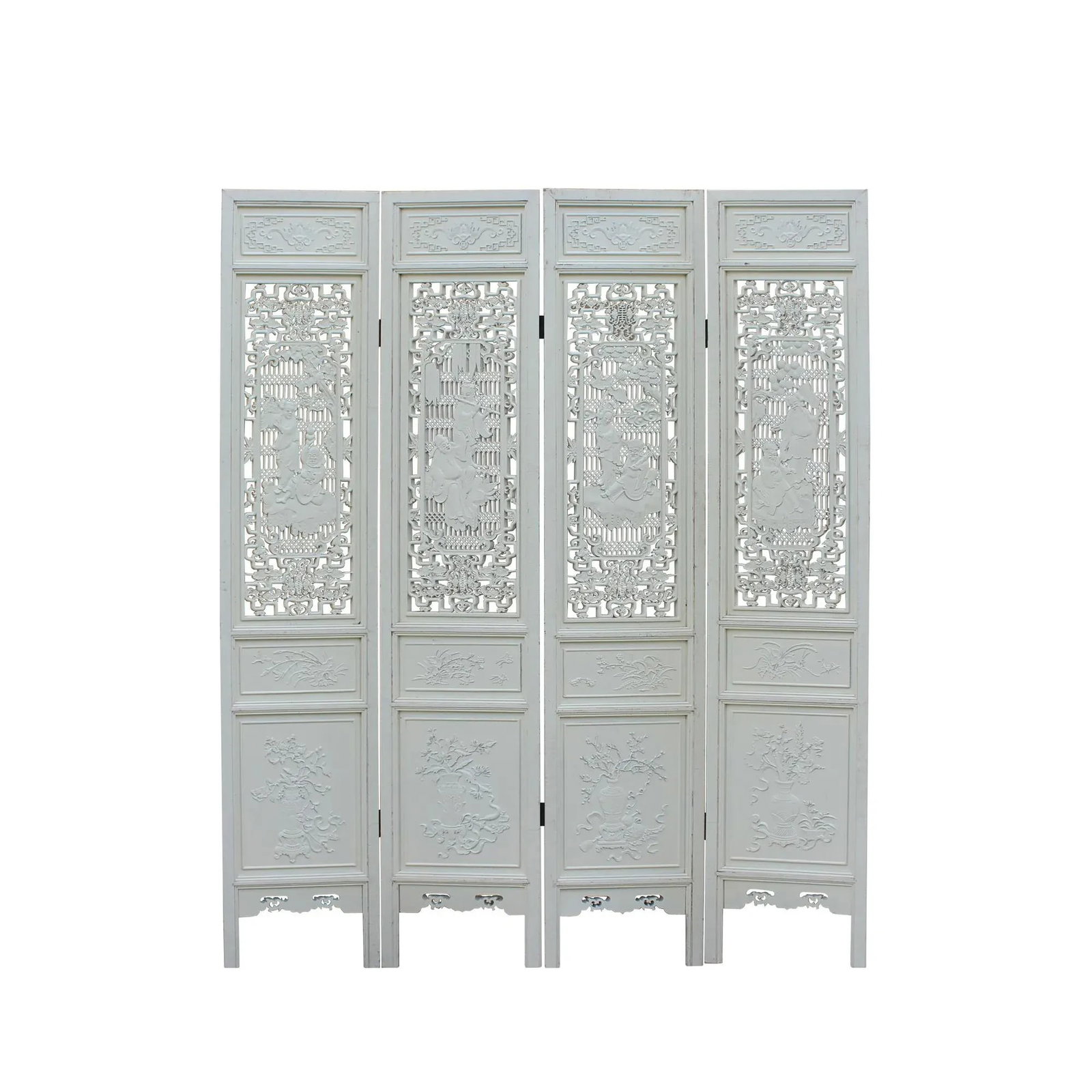 Chinese Distressed Off-White Lacquer 8 Immortal Wood Panel Floor Screen - 9