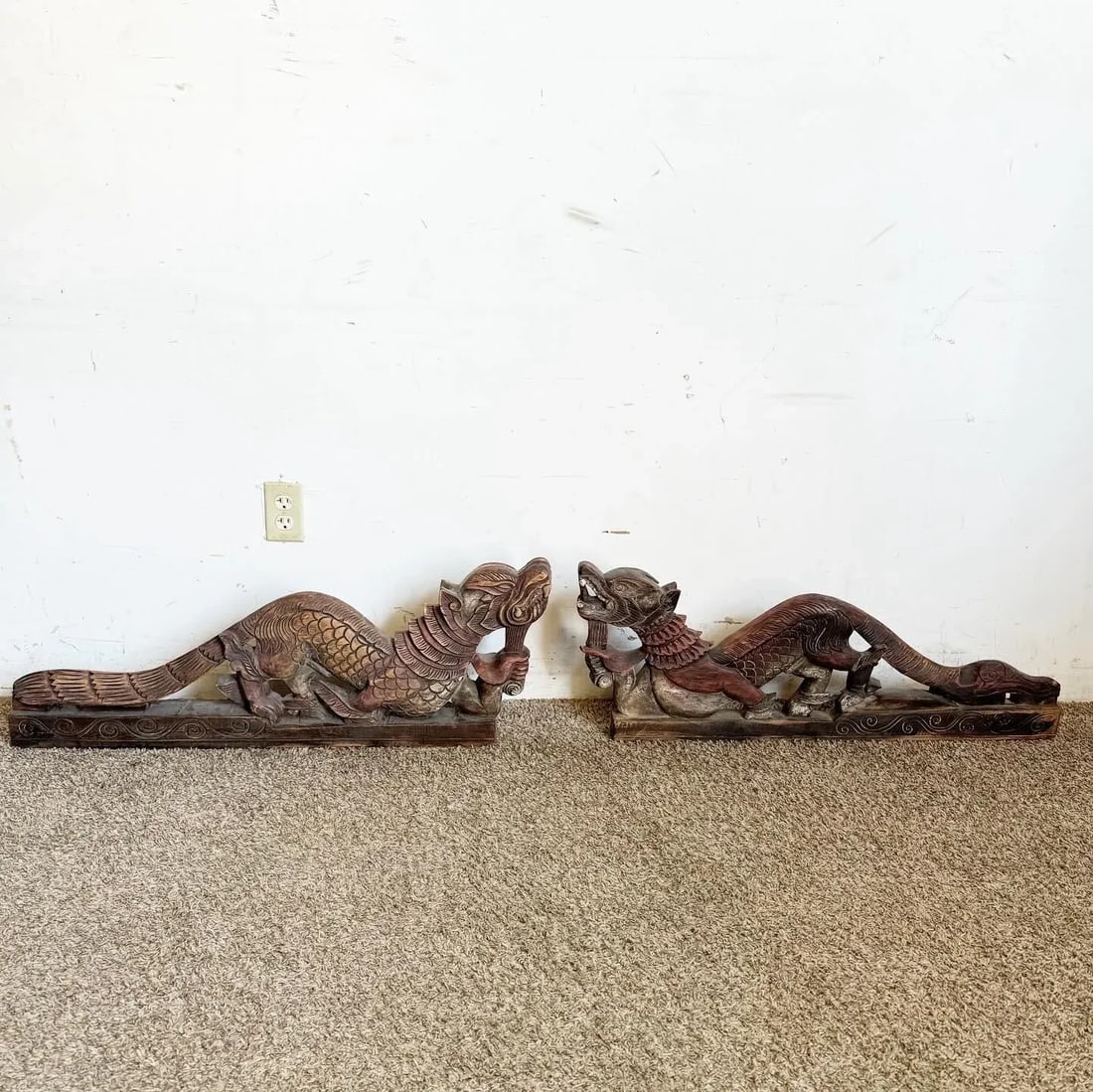 Chinese Hand Carved Dragons Sculptures - a Pair - 2