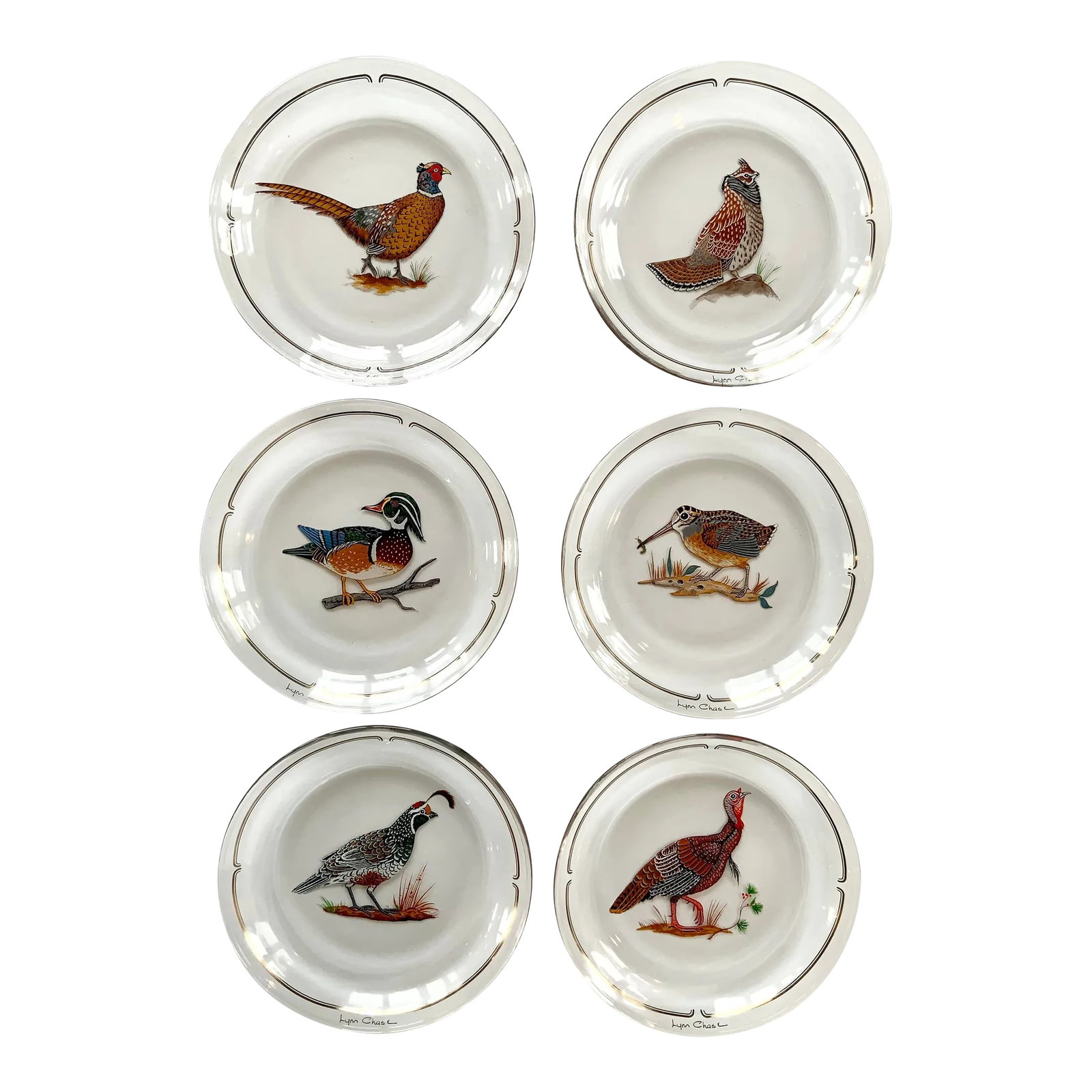 Late 20th Century Winter Game Birds Red Glassware Canapé Plates by Lynn Chase- Set of 6: Mint condition collection of Lynn Chase glassware canapé plates, 7" round, in the Winter Game Birds pattern. Each plate features a unique game bird, including two distinct ruff-grouses, a