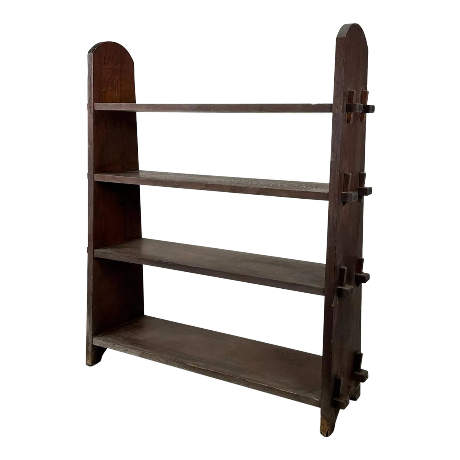 Antique Arts and Crafts Mission Oak Wood Bookcase Roycroft Style: Antique American Fumed Oak Mission Arts and Crafts Four Shelf Book Stand. Ca. first quarter 20thC. Condition: Alterations: Original Condition Unaltered Imperfections: Some Imperfections Condition Note