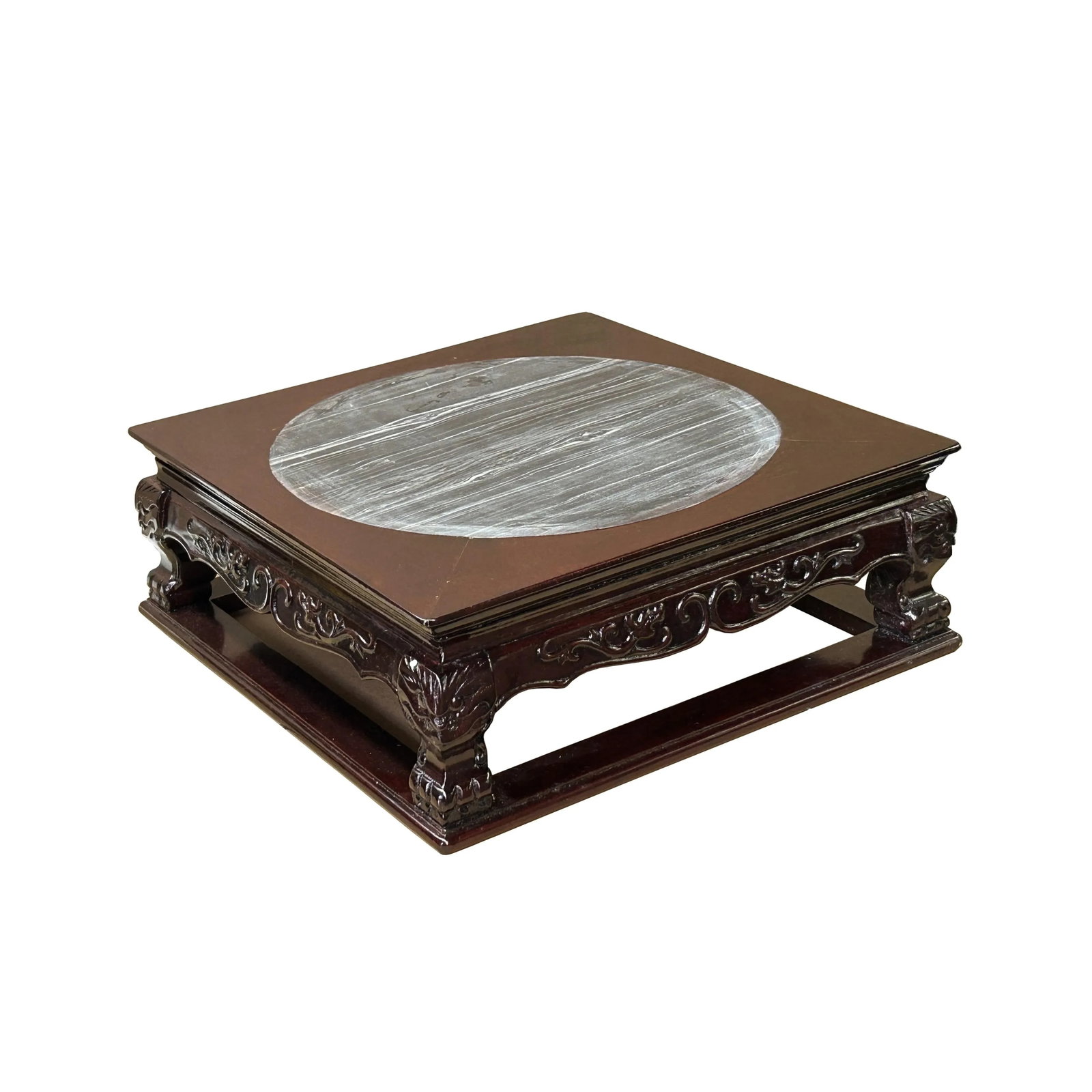 14.5" Chinese Brown Wood Square Stone Top Vase Stand Display Riser - 2