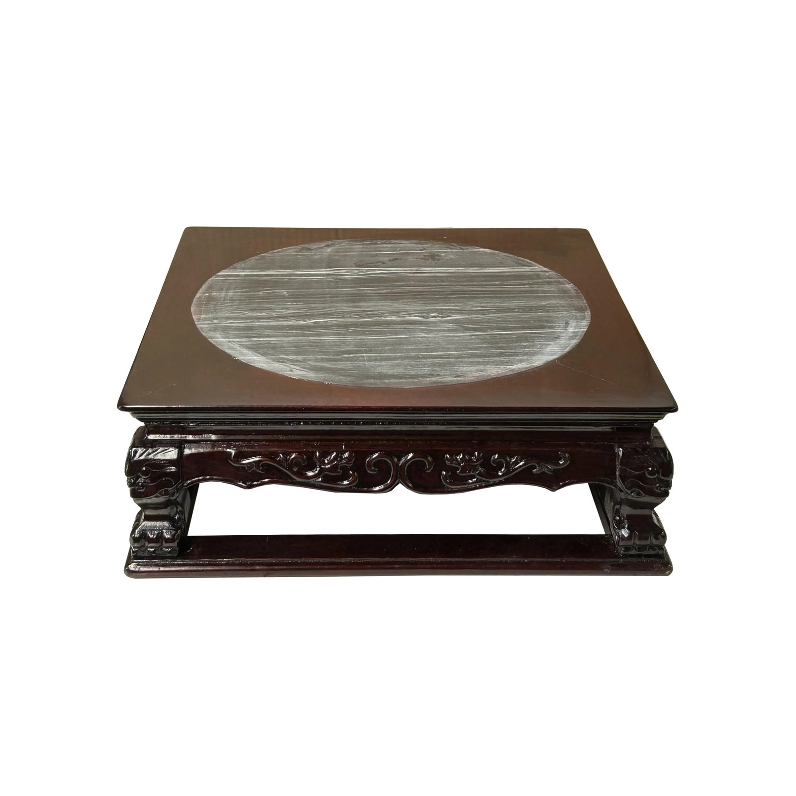 14.5" Chinese Brown Wood Square Stone Top Vase Stand Display Riser - 3