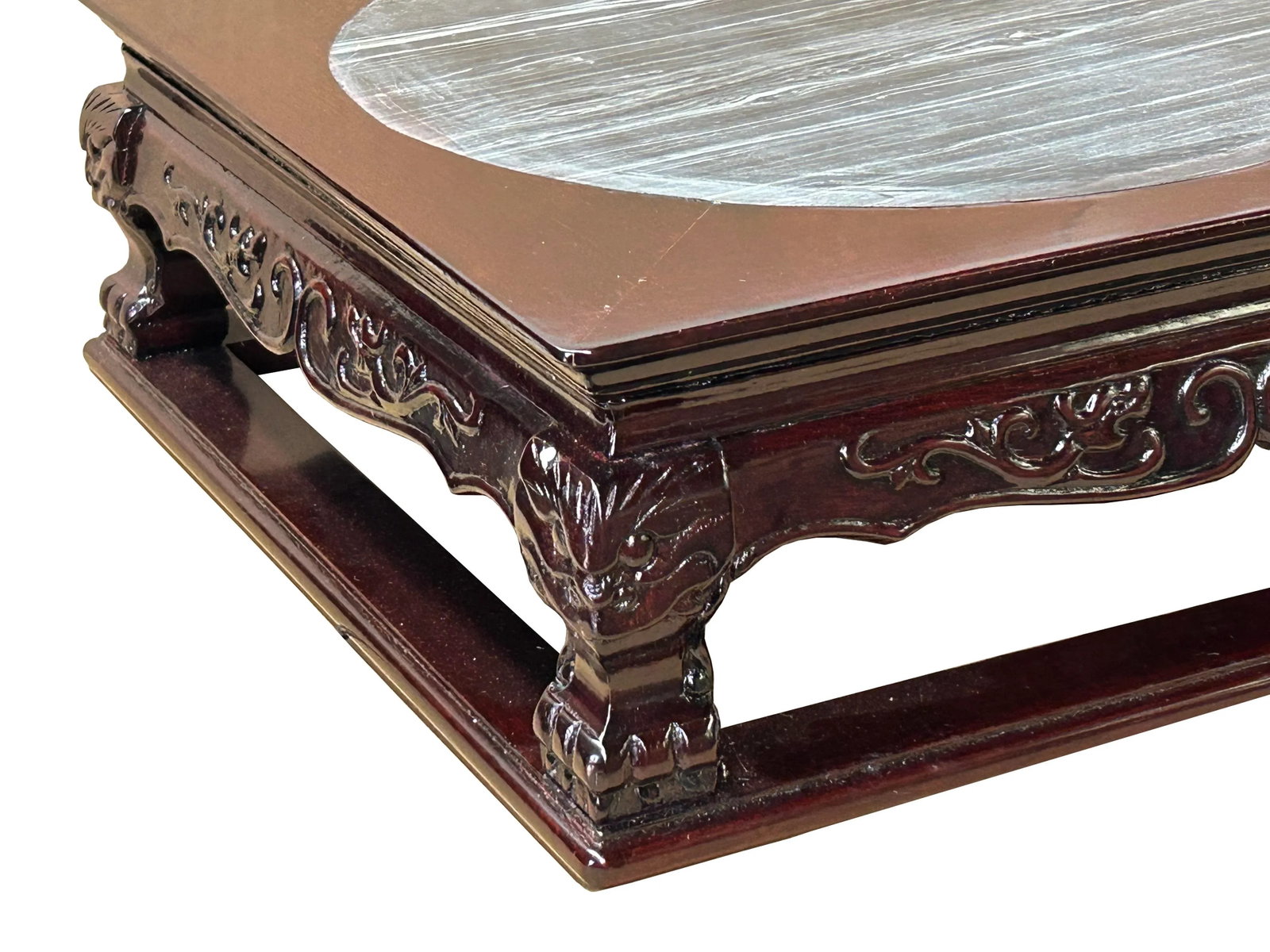 14.5" Chinese Brown Wood Square Stone Top Vase Stand Display Riser - 7