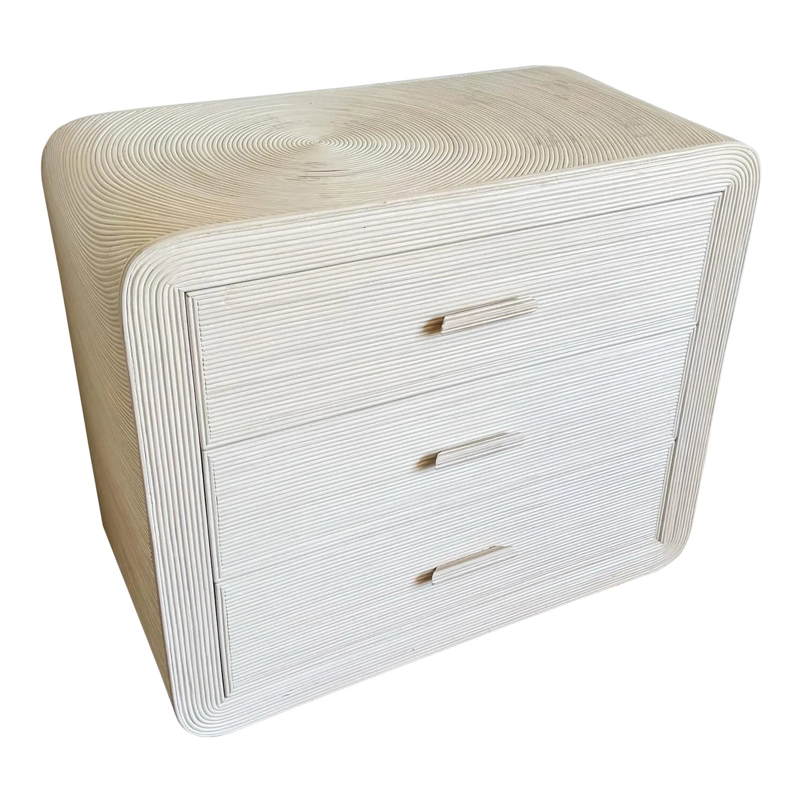 Boho Chic White Washed Swirl Pencil Reed Waterfall Chest of Drawers: Add a touch of artisanal charm to your bedroom with this Boho Chic White Washed Swirl Pencil Reed Waterfall Chest of Drawers. Crafted with meticulous attention to detail, this chest features a