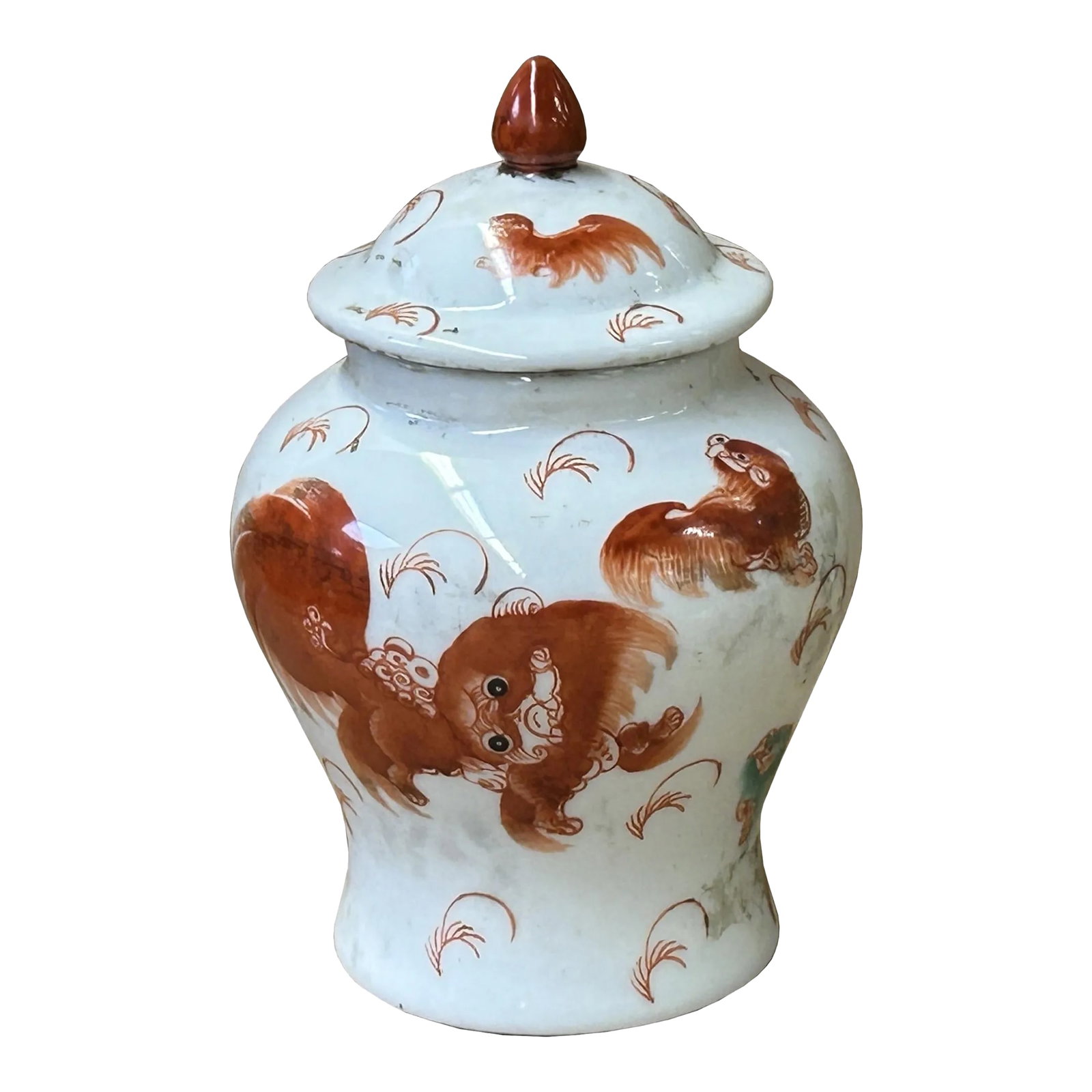 Oriental Vintage White Base Orange Foo Dog Lion Graphic Porcelain Jar: The Oriental Chinese Vintage White Base Orange Foo Dog Lion Graphic Porcelain small round jar is a remarkable example of traditional Chinese porcelain artistry, showcasing a blend of historical symbol