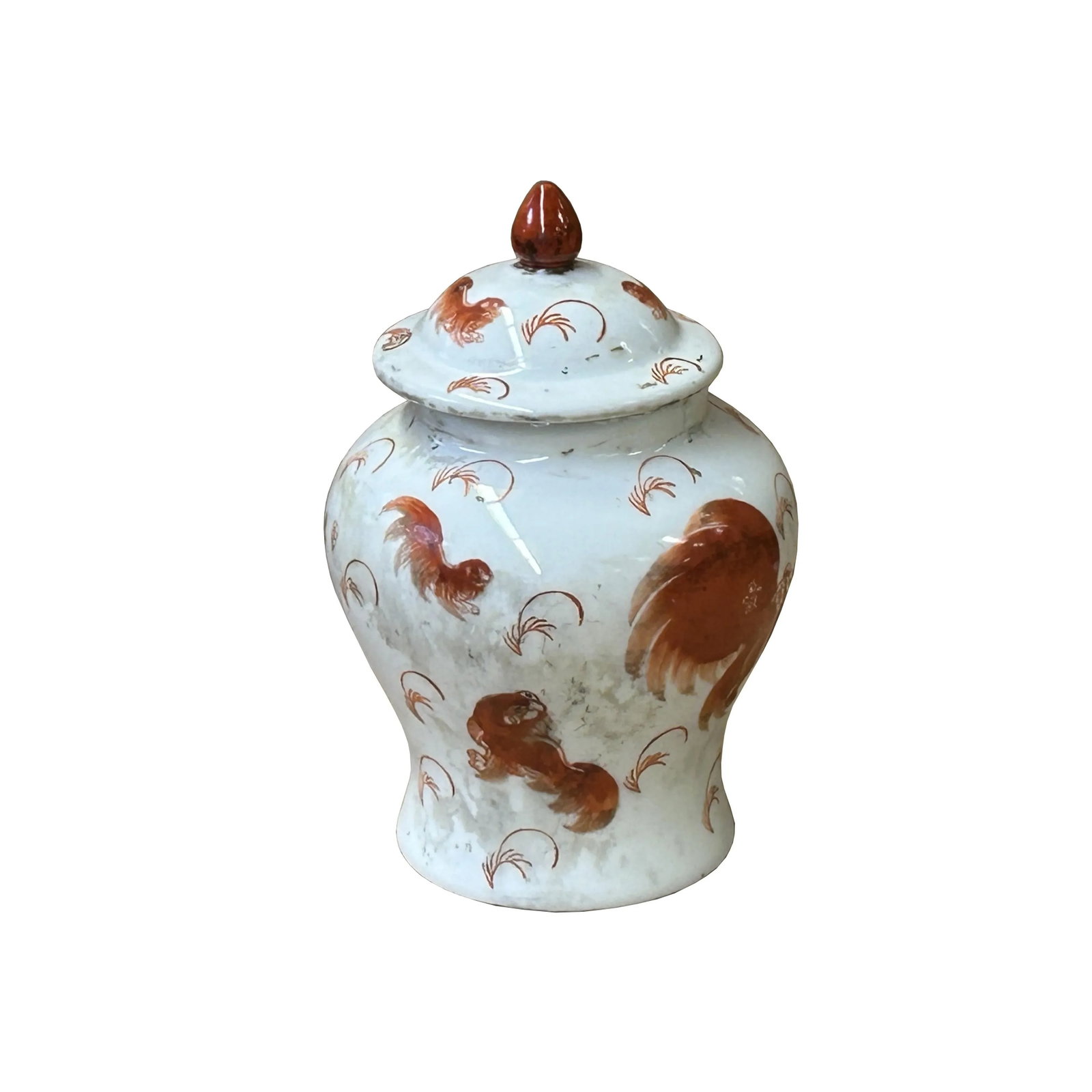 Oriental Vintage White Base Orange Foo Dog Lion Graphic Porcelain Jar - 2