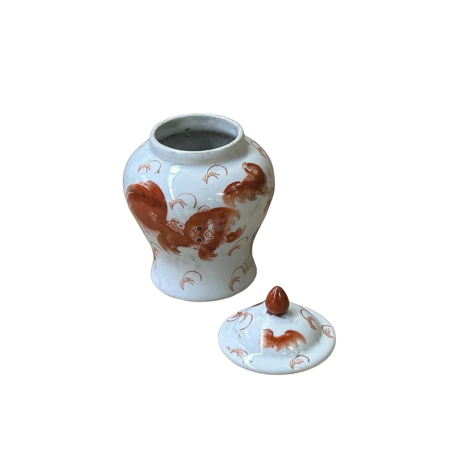 Oriental Vintage White Base Orange Foo Dog Lion Graphic Porcelain Jar - 5