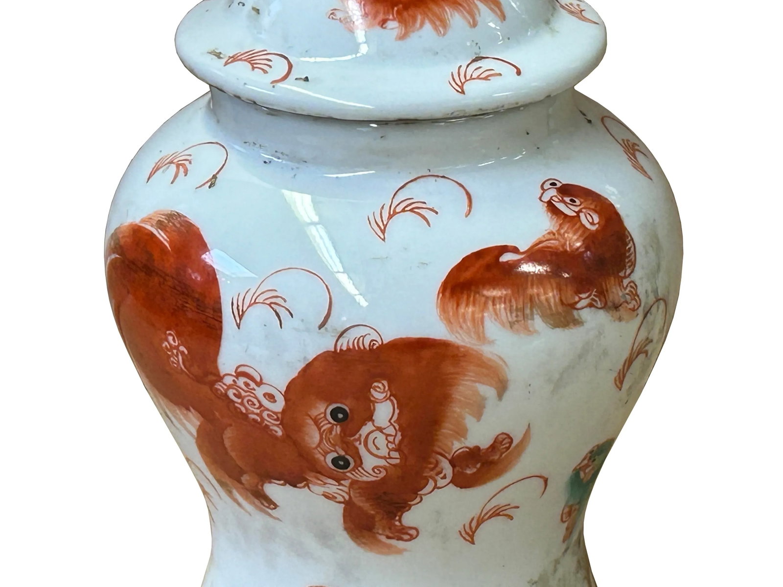 Oriental Vintage White Base Orange Foo Dog Lion Graphic Porcelain Jar - 7