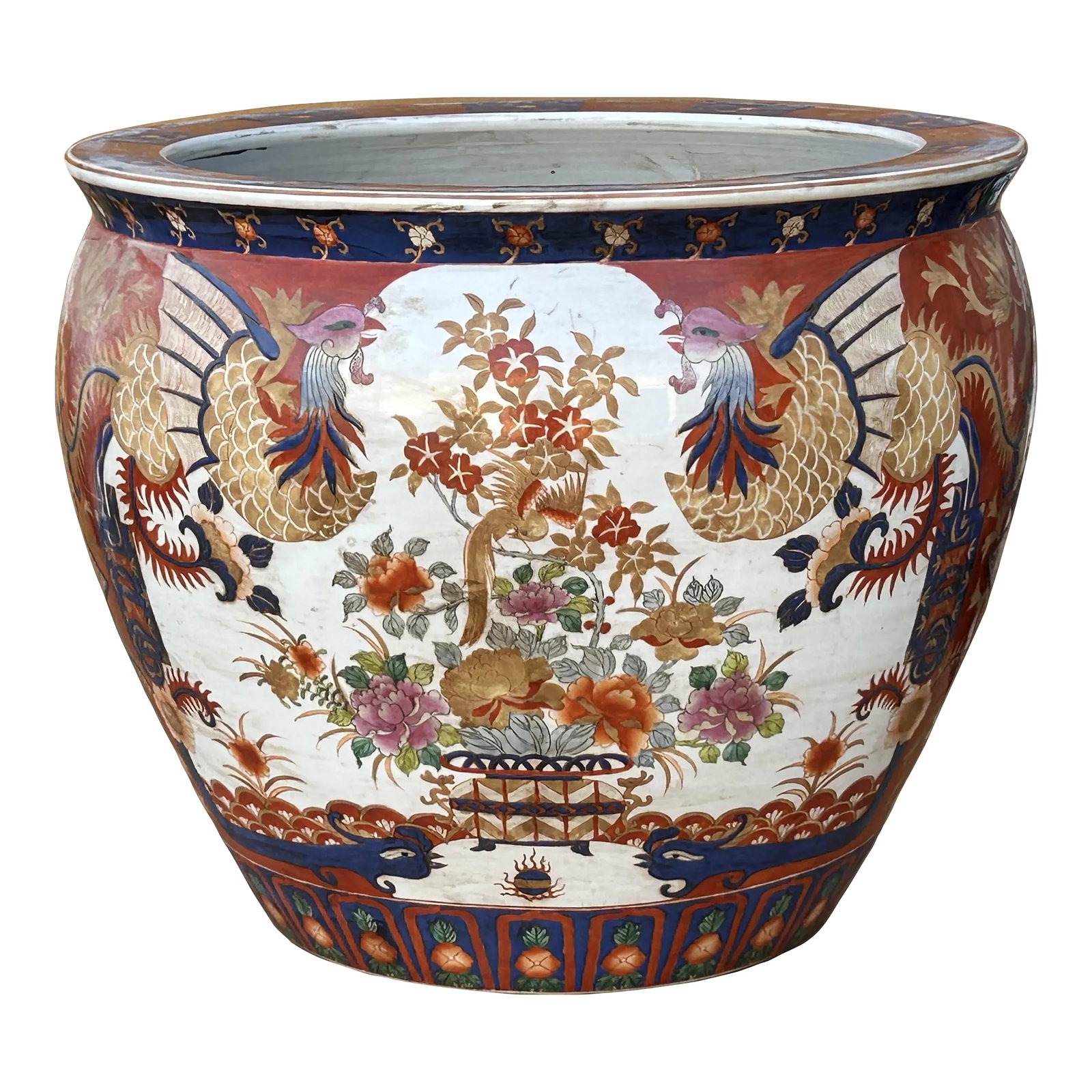 Oriental Vintage Porcelain Red Copper Color Phoenix Graphic Pot Planter: This is a hand-made oriental vintage style mixed color base flowers phoenix pattern graphic pot planter. It was one of the popular ceramic export commodities in the 20th century. The design is a mix o