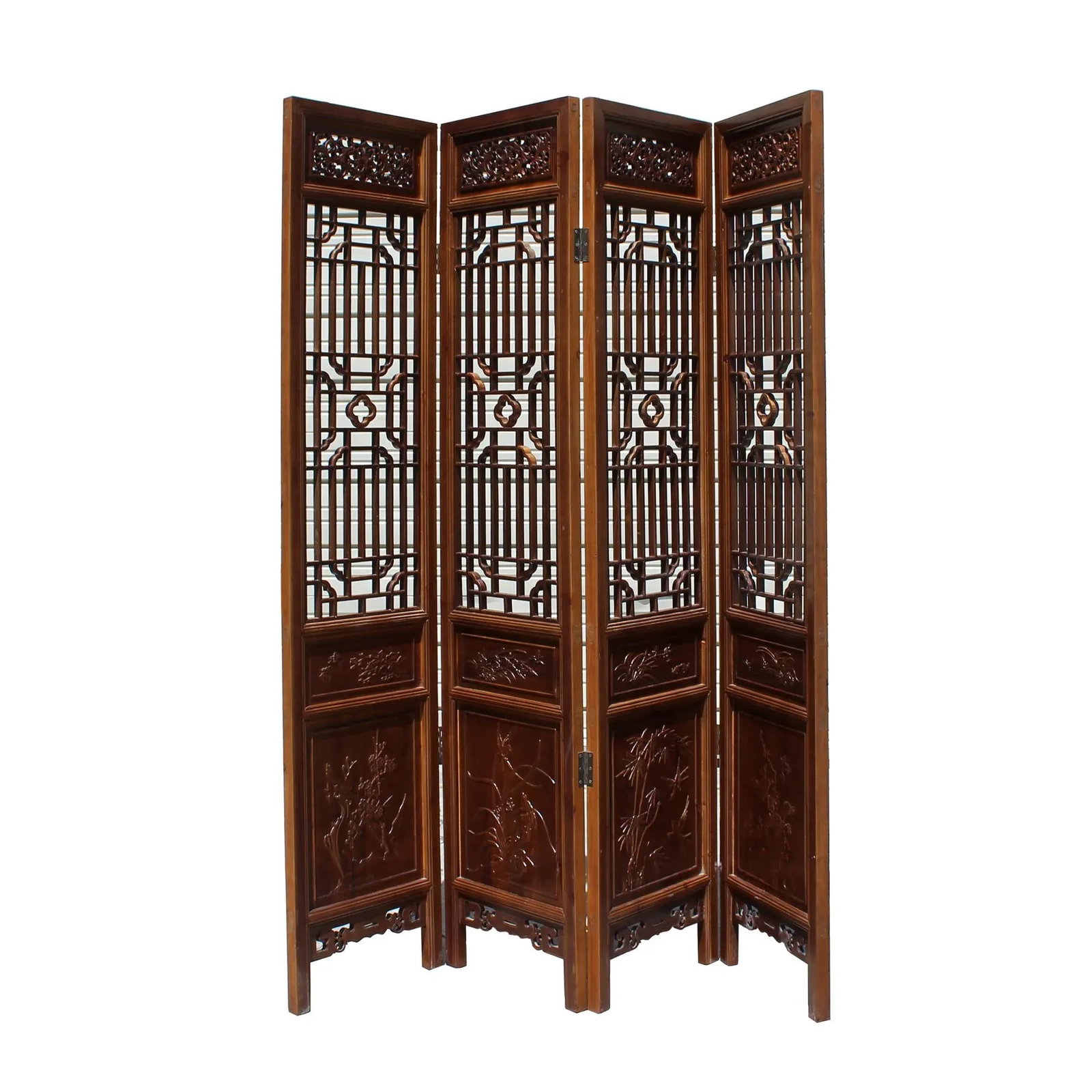 Chinese Brown Geometric Pattern Theme Wood Panel Floor Screen - 3