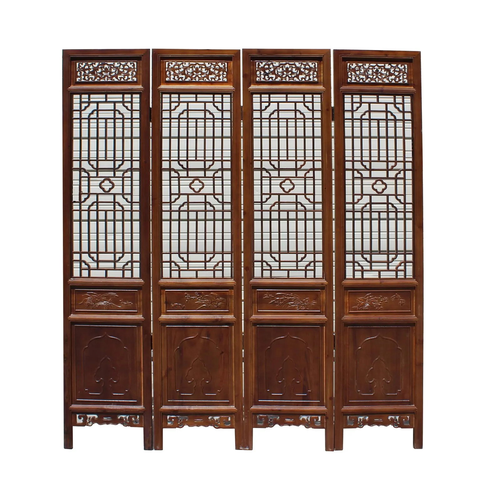 Chinese Brown Geometric Pattern Theme Wood Panel Floor Screen - 4