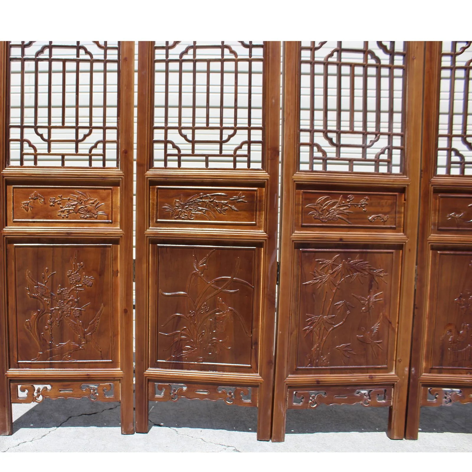 Chinese Brown Geometric Pattern Theme Wood Panel Floor Screen - 5