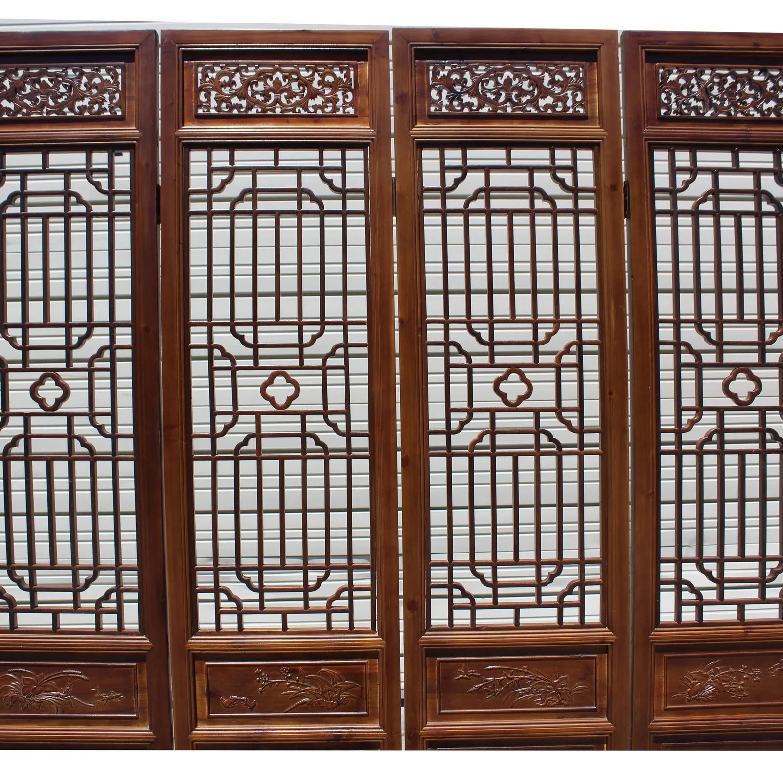 Chinese Brown Geometric Pattern Theme Wood Panel Floor Screen - 6