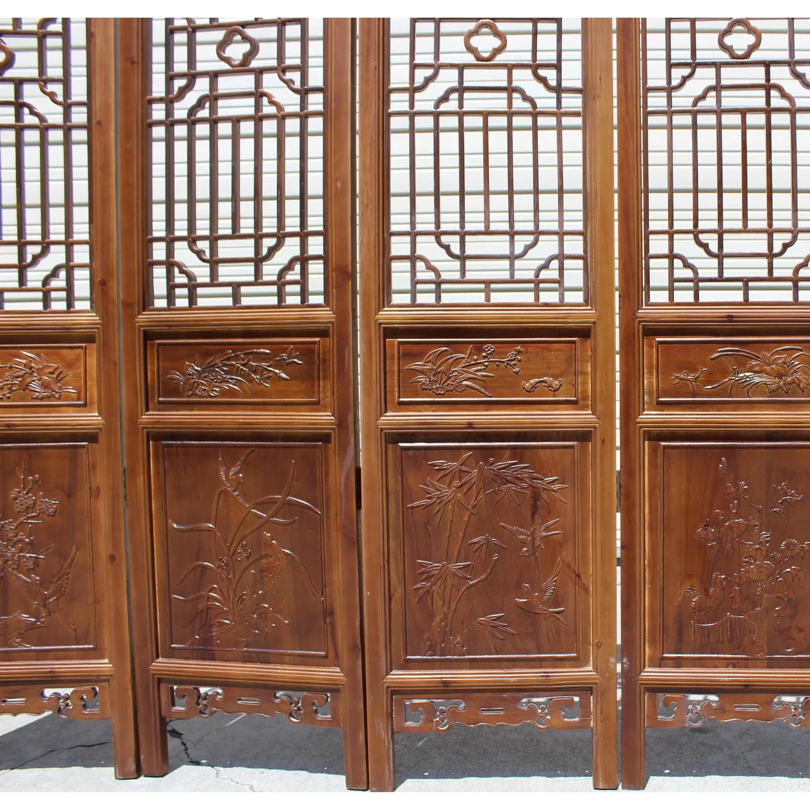 Chinese Brown Geometric Pattern Theme Wood Panel Floor Screen - 7