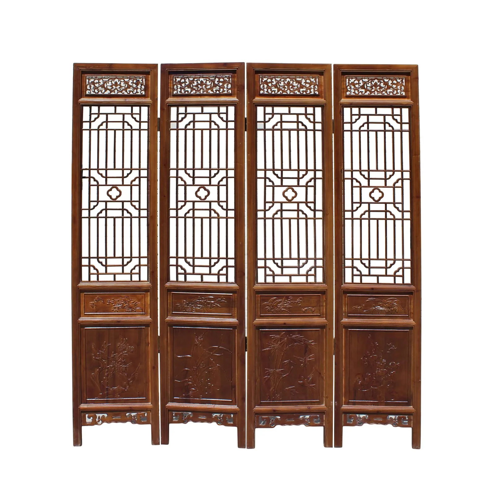 Chinese Brown Geometric Pattern Theme Wood Panel Floor Screen - 8