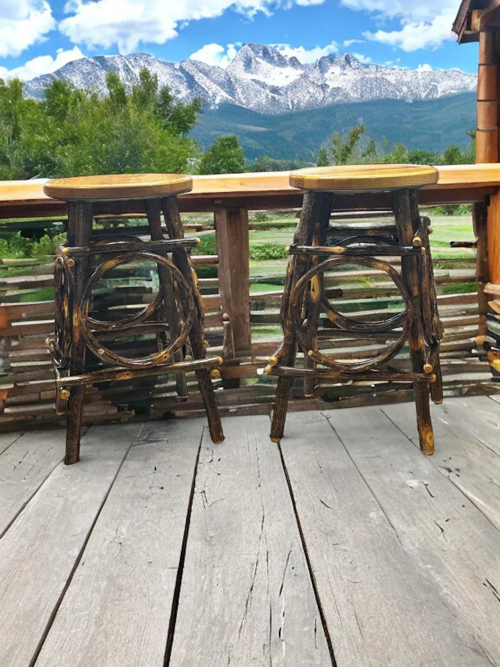 Amish Folk Art Bentwood Hickory and Oak Hand Crafted Swivel Stools -a Pair - 12