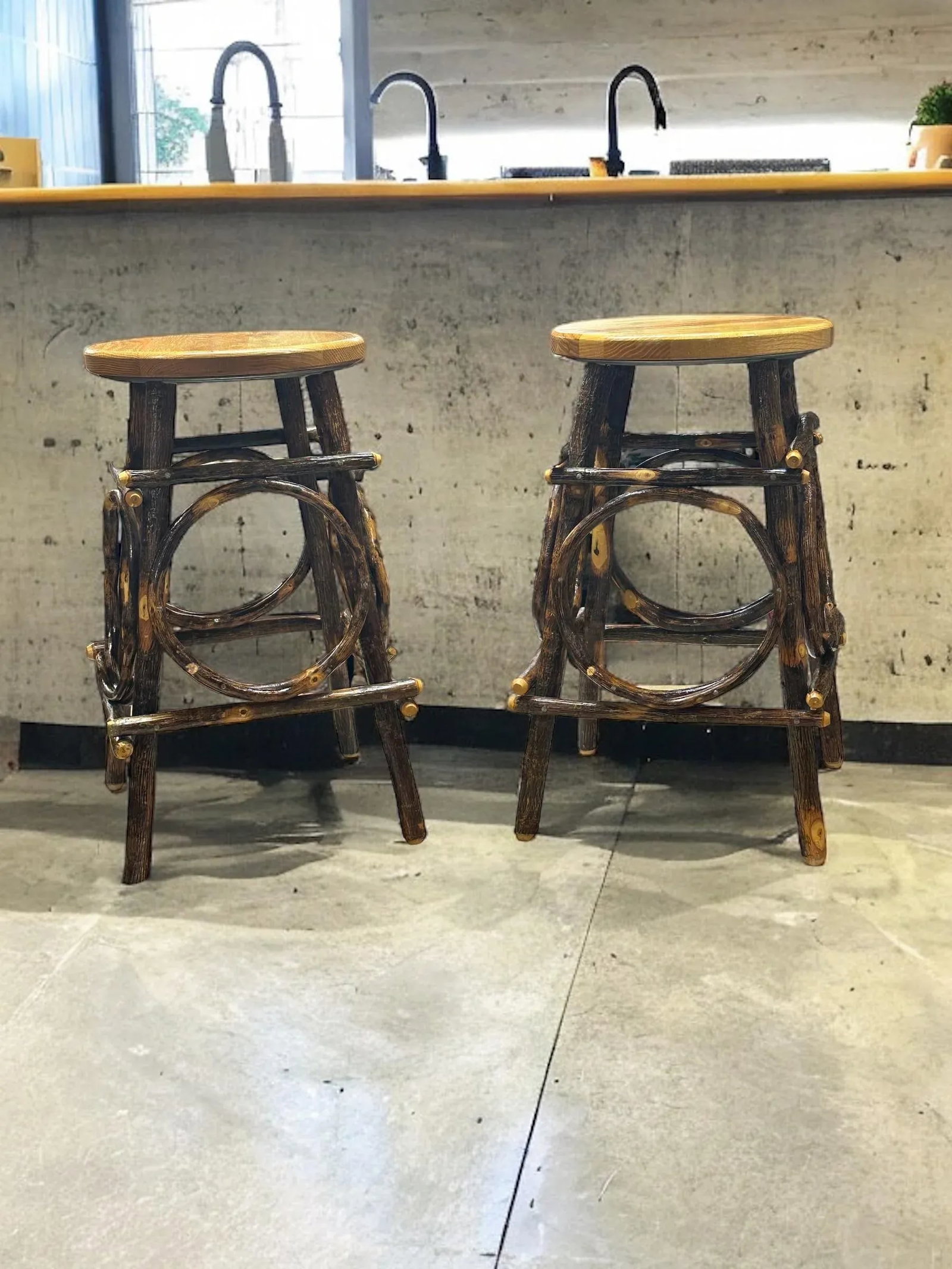 Amish Folk Art Bentwood Hickory and Oak Hand Crafted Swivel Stools -a Pair - 6