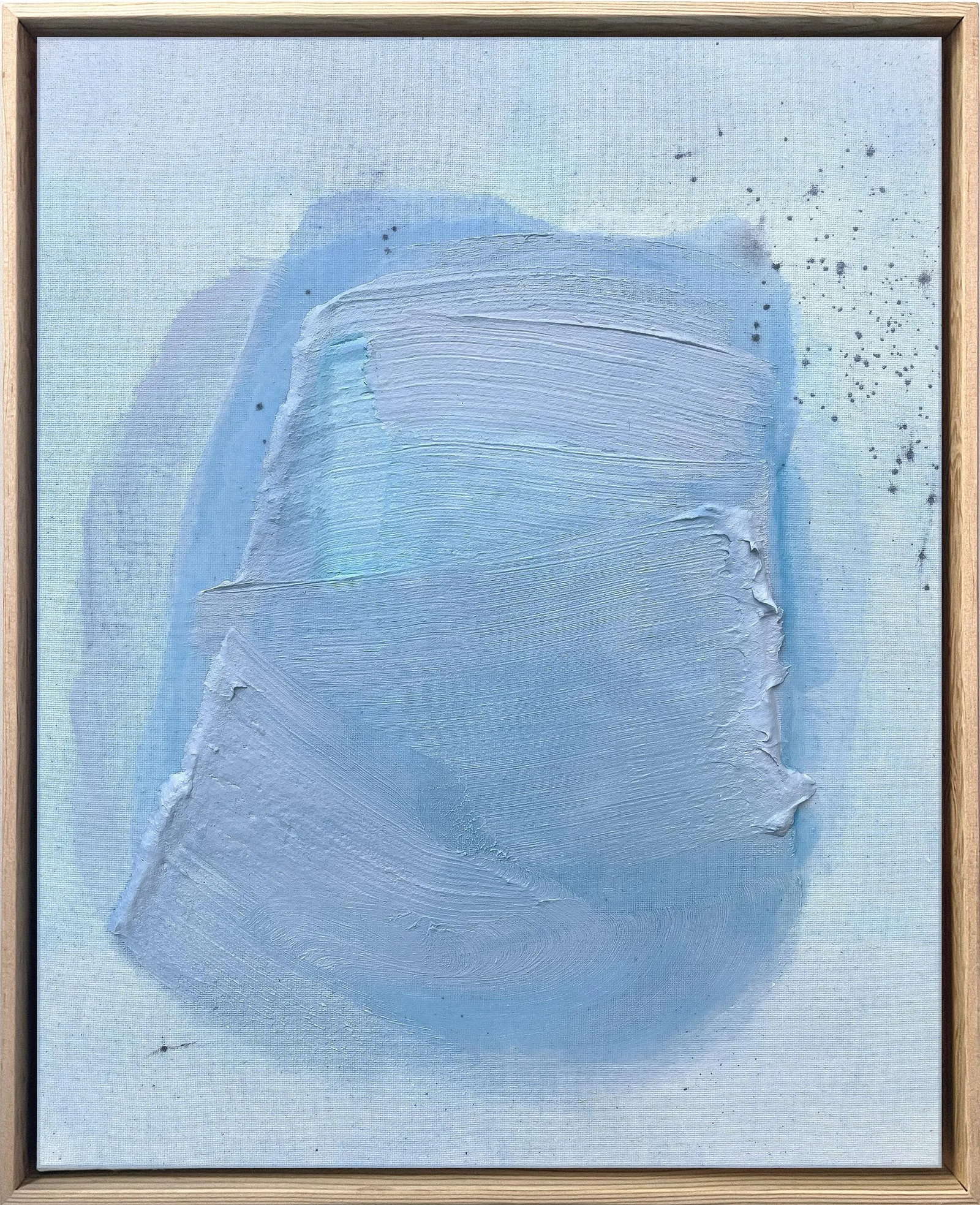 Raku No02 "Raku No01" Dimensional Texture Abstract Painting in Atmospheric Sky Blue and Periwinkle: The painting is an art study of acrylic, ink, texture medium, and glaze on stretched canvas, which is framed in a natural wood float frame. This experimental art study was painted in 2023 while the