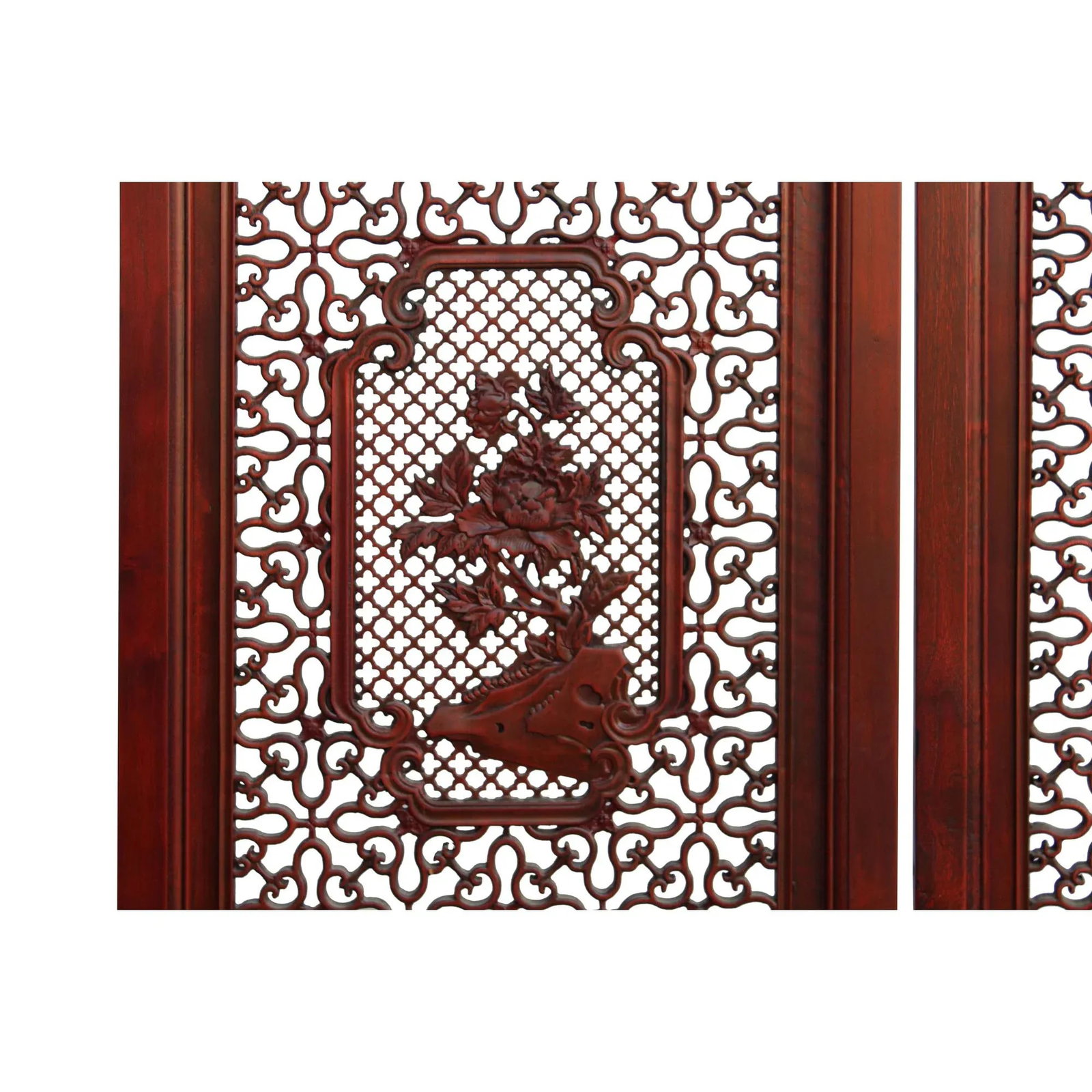 Chinese Reddish Brown Stain 4 Seasons Flower Wood Panel Floor Screen - 10