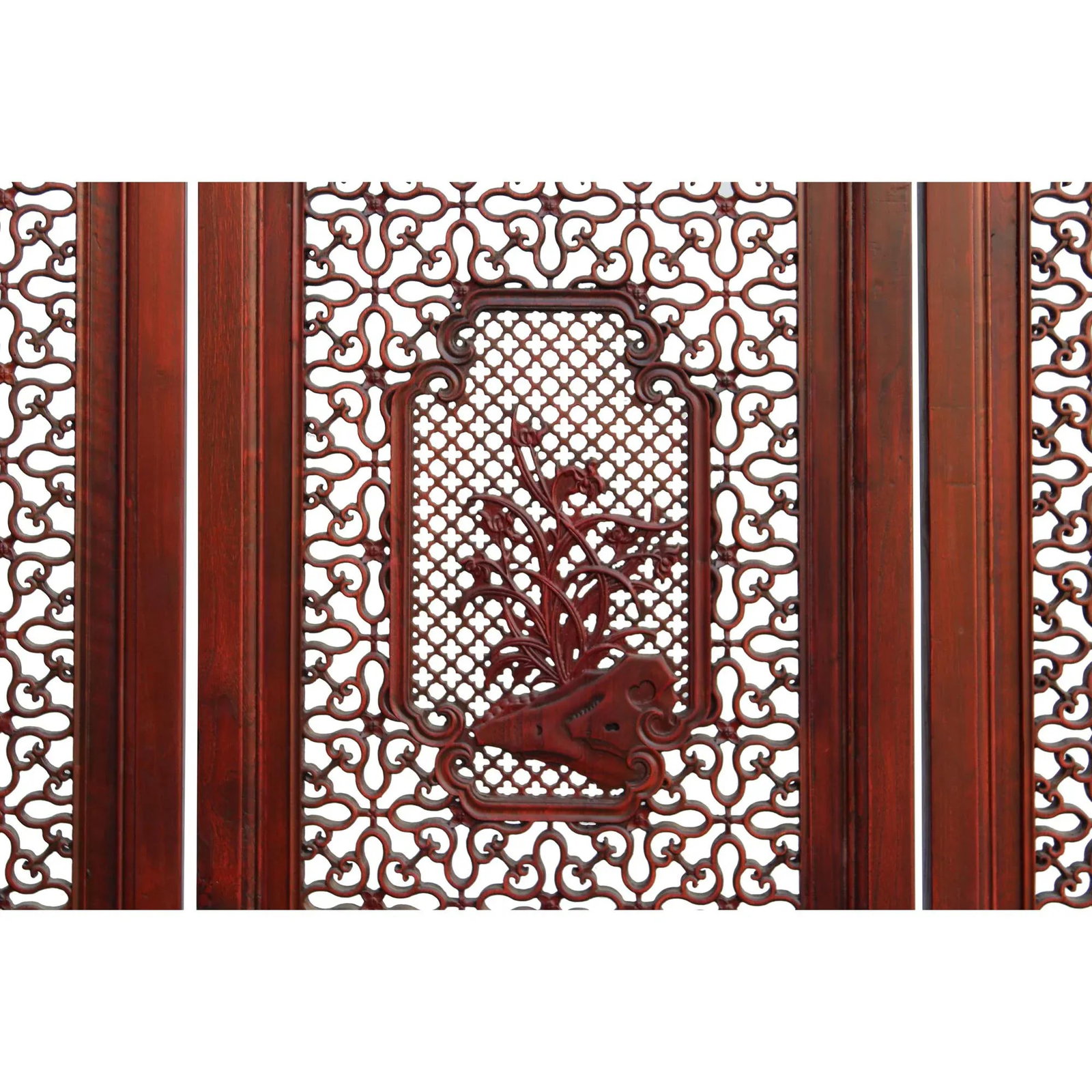Chinese Reddish Brown Stain 4 Seasons Flower Wood Panel Floor Screen - 12