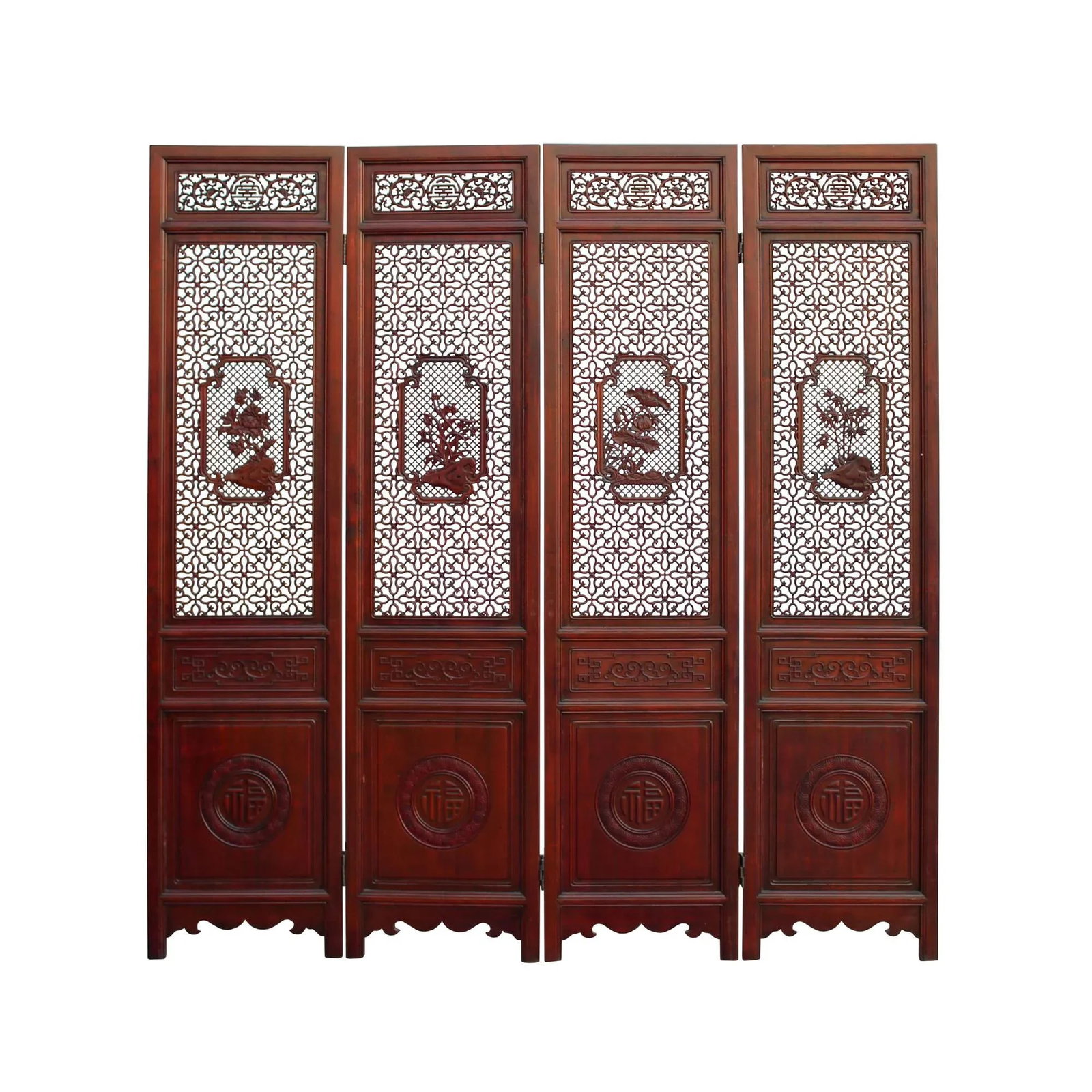 Chinese Reddish Brown Stain 4 Seasons Flower Wood Panel Floor Screen - 13