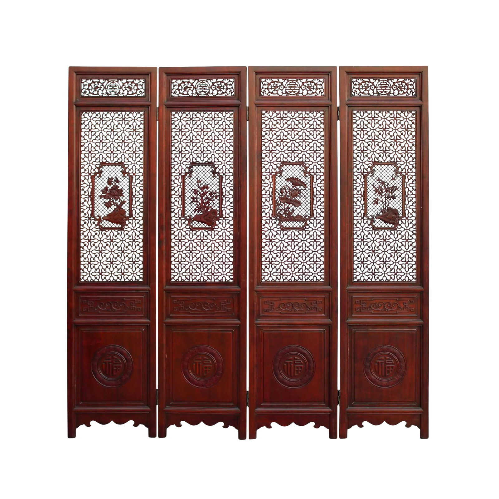 Chinese Reddish Brown Stain 4 Seasons Flower Wood Panel Floor Screen: This is a set of four door panels floor screen room divider with precise season flower carving motif as the central theme. Each panel has a flower theme surrounded by a geometric pattern. It can be a