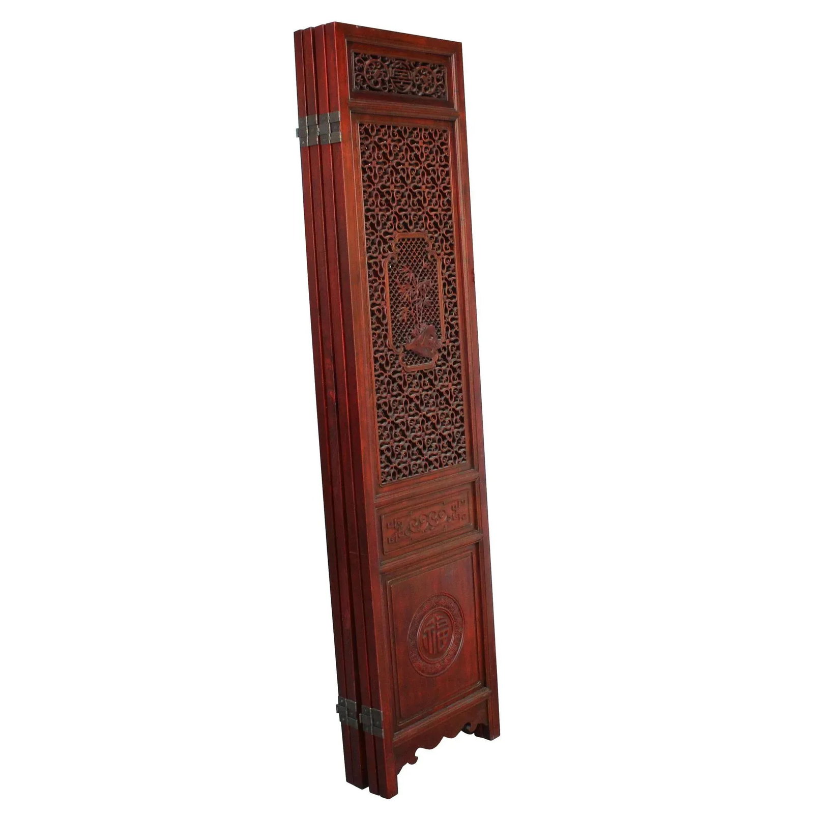Chinese Reddish Brown Stain 4 Seasons Flower Wood Panel Floor Screen - 2