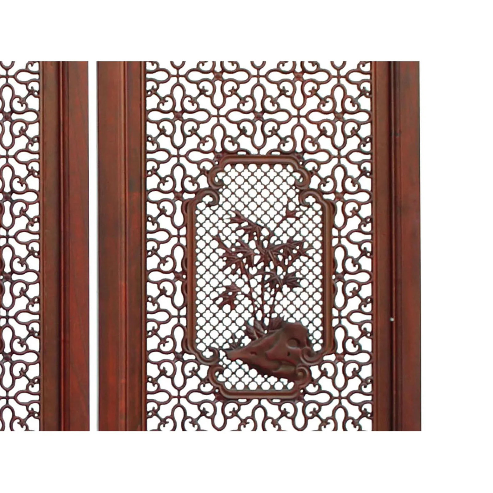 Chinese Reddish Brown Stain 4 Seasons Flower Wood Panel Floor Screen - 4