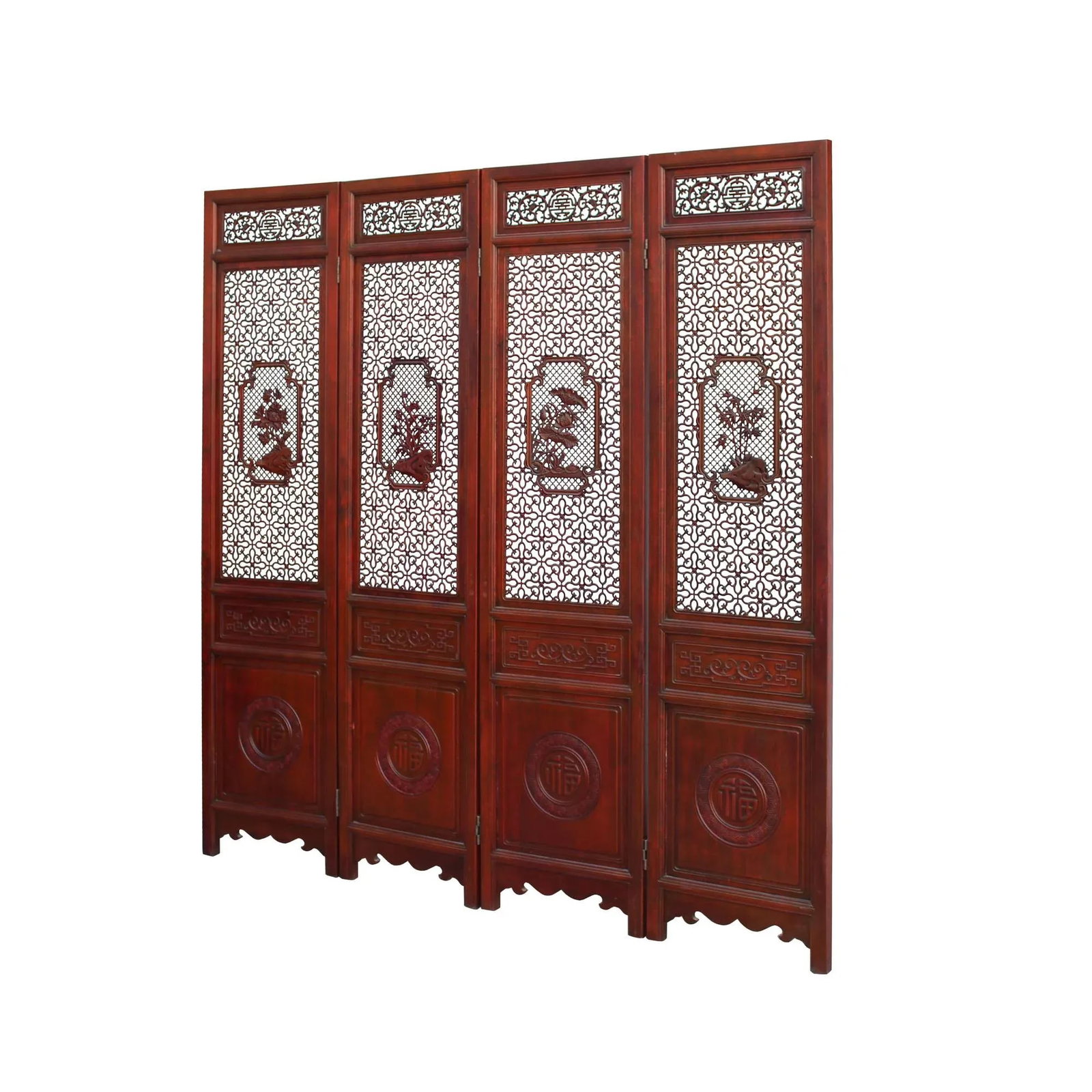Chinese Reddish Brown Stain 4 Seasons Flower Wood Panel Floor Screen - 5