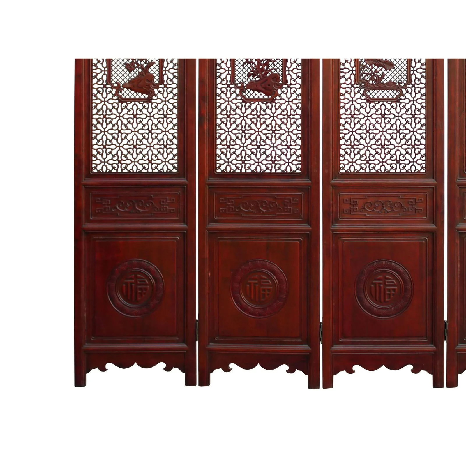 Chinese Reddish Brown Stain 4 Seasons Flower Wood Panel Floor Screen - 6