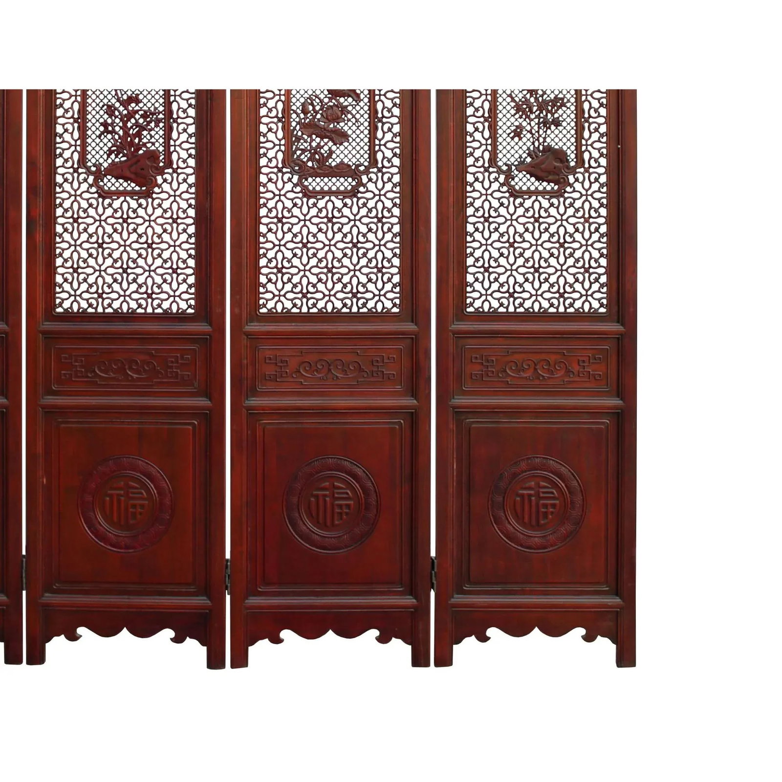 Chinese Reddish Brown Stain 4 Seasons Flower Wood Panel Floor Screen - 8