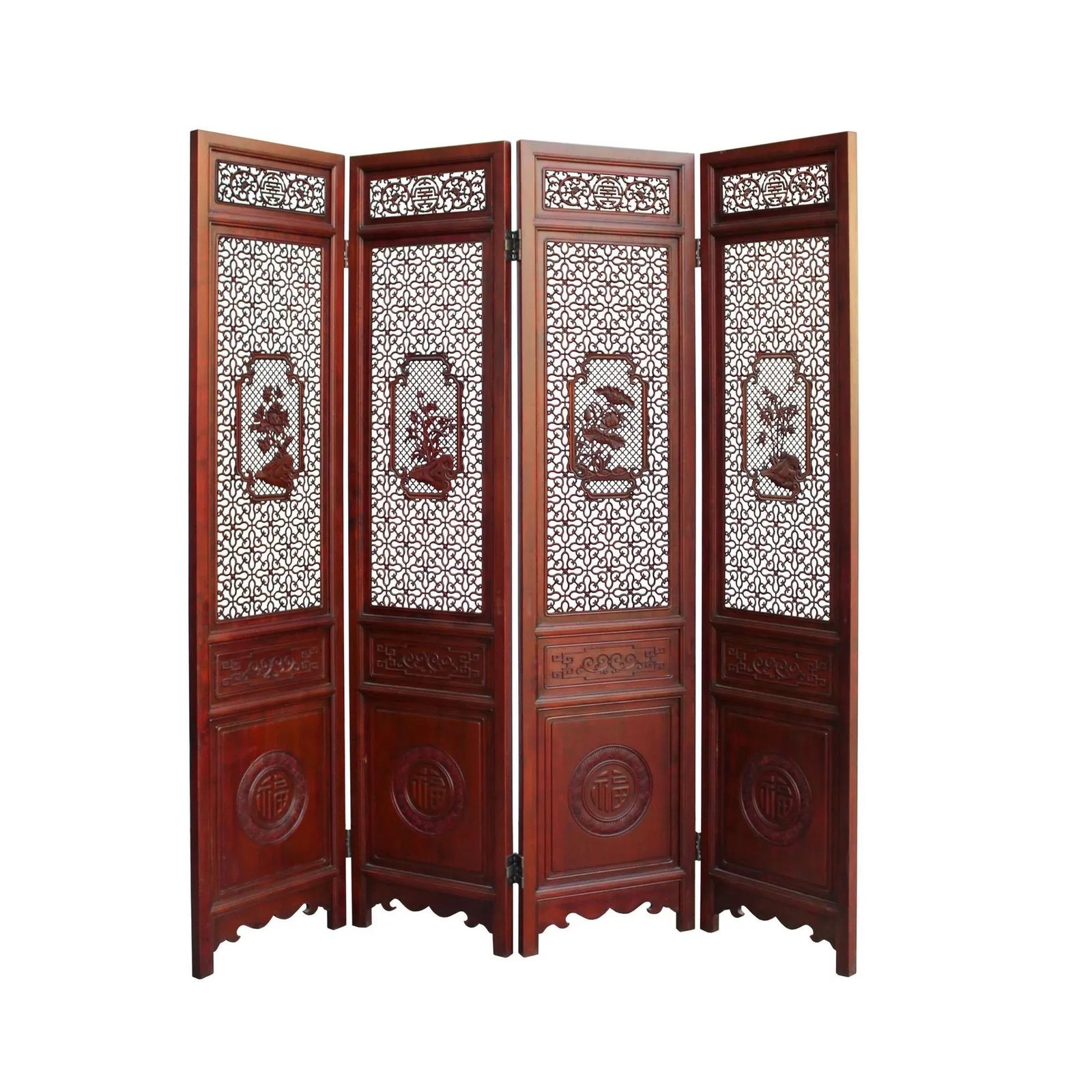 Chinese Reddish Brown Stain 4 Seasons Flower Wood Panel Floor Screen - 9