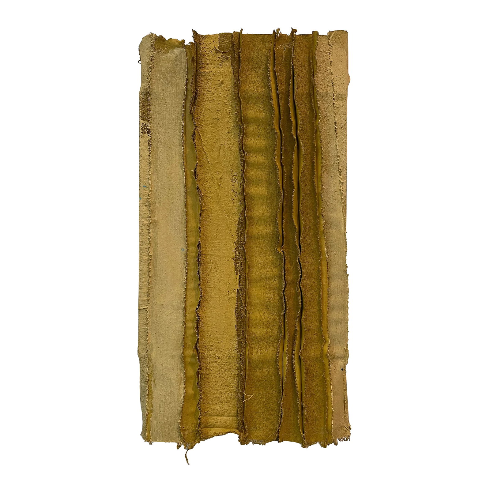 Tandem 02 Mustard Yellow Wall Sculpture of Salvaged Art Materials: Surplus canvas and fabrics are sewn together and stretched over reused wood stretcher bars and then embellished with leftover artist paints, creating this resource-conscious, eye-catching wall