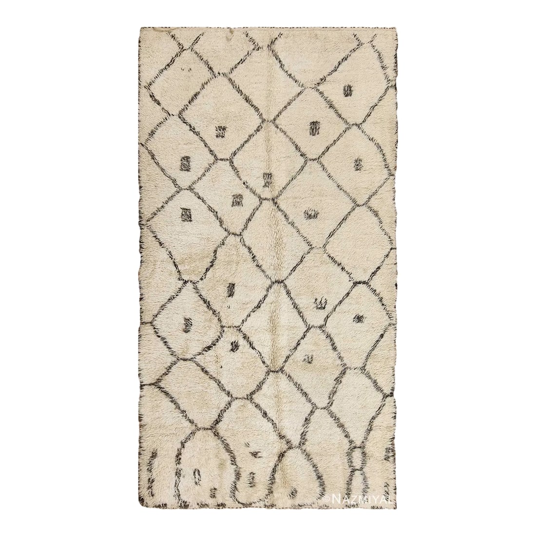 Nazmiyal Collection Ivory Shag Vintage Beni Ourain Moroccan Rug: Beautiful and Primitive Ivory Shag Pile Vintage Beni Ourain Moroccan Rug, Country of Origin / Rug Type: Morocco, Circa Date: Mid – 20th Century Condition: Alterations: Original Condition