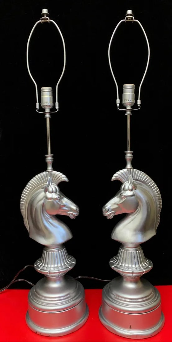 Mid-Century Silver-Toned Brass Lamps Chess Knight Design- Pair - 2