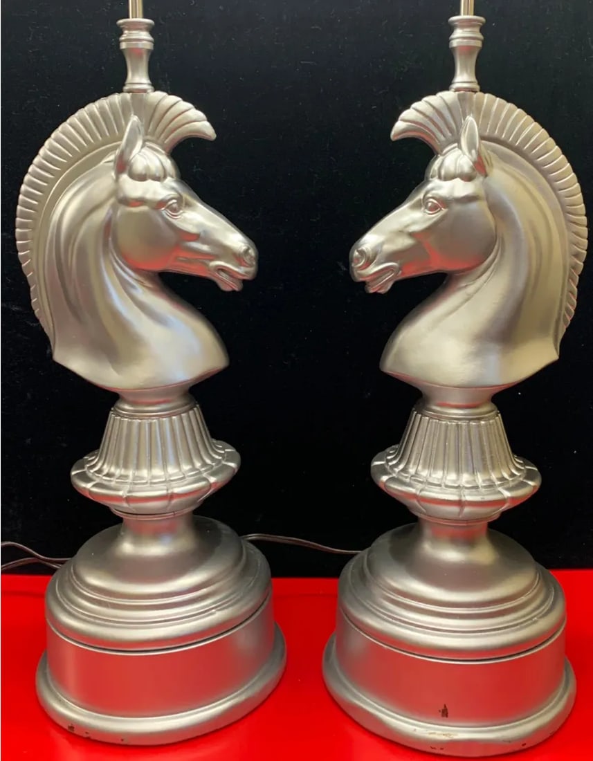 Mid-Century Silver-Toned Brass Lamps Chess Knight Design- Pair - 4