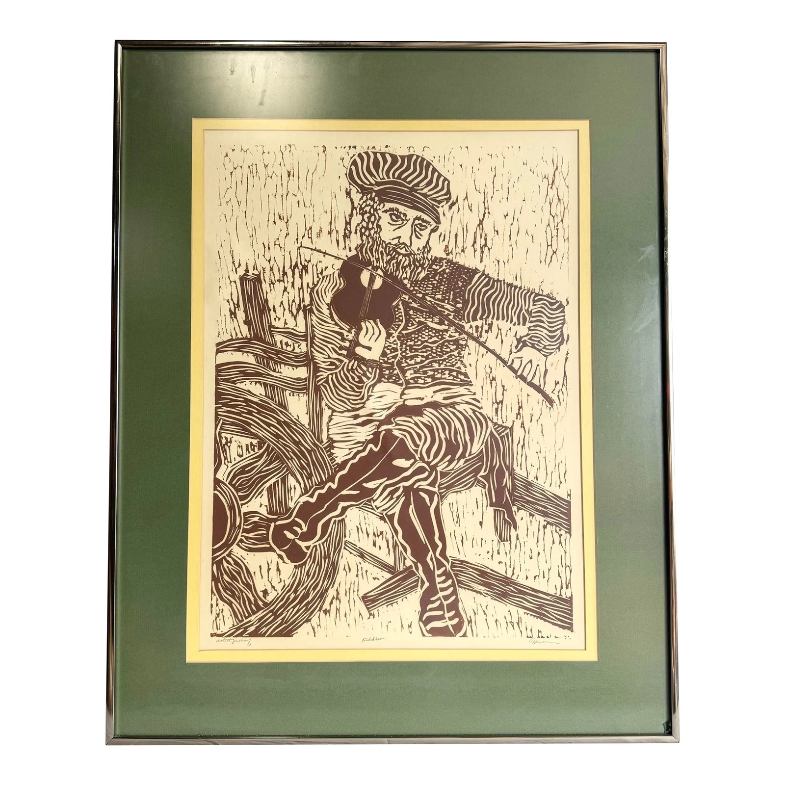 Framed and Signed Print "Fiddler" by Heisman: This captivating framed print, titled "Fiddler," by the artist Heisman, features a rustic and evocative portrayal of a musician deeply connected to his craft. The print's intricate details and warm to
