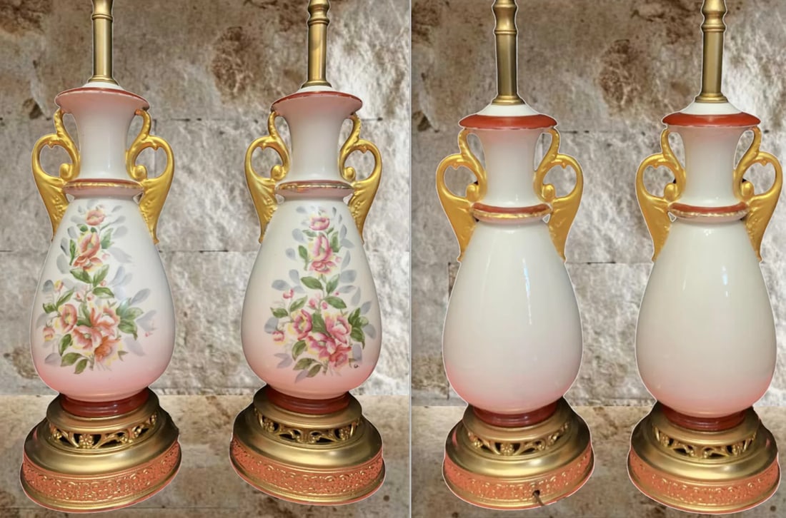 Mid-Century White Floral Porcelain Table Lamps - a Pair - 12