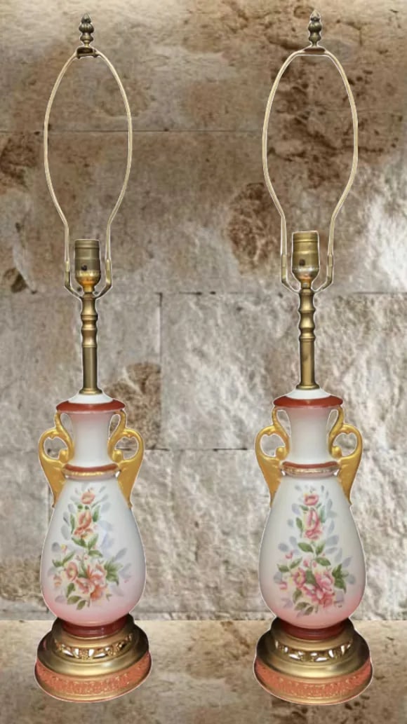 Mid-Century White Floral Porcelain Table Lamps - a Pair - 2
