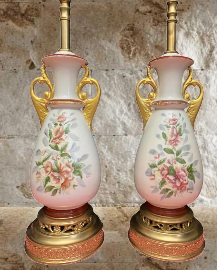 Mid-Century White Floral Porcelain Table Lamps - a Pair - 3