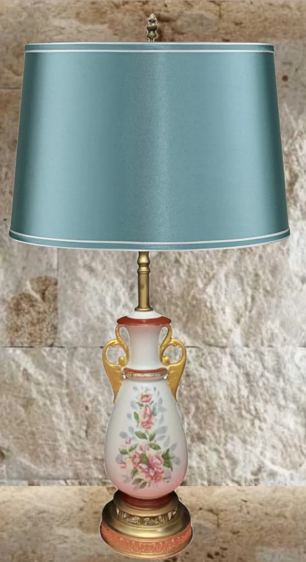 Mid-Century White Floral Porcelain Table Lamps - a Pair - 4
