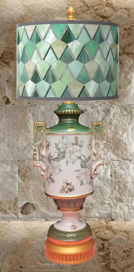 Vintage Green White Floral Porcelain Table Lamp - 10