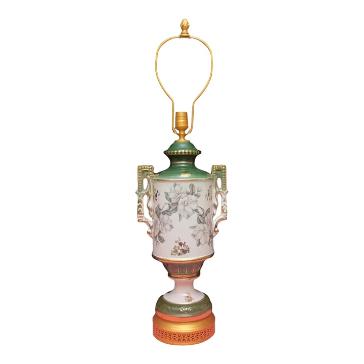 Vintage Green White Floral Porcelain Table Lamp: This exquisite urn-shaped porcelain table lamp elegantly balances modern and traditional aesthetics. The color-blocked design features a rich forest green neck that gracefully transitions to a crisp